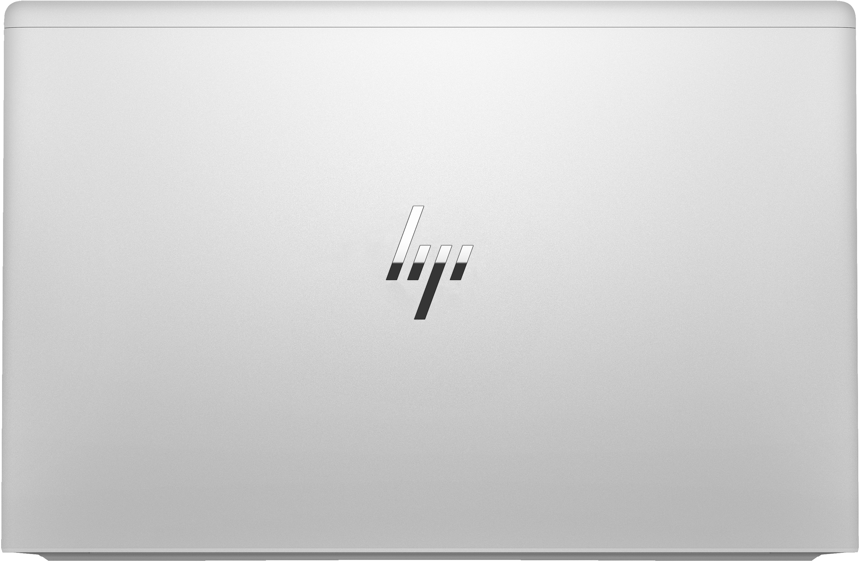 Silberner Laptop-Rücken mit HP-Logo. Weißer Hintergrund.