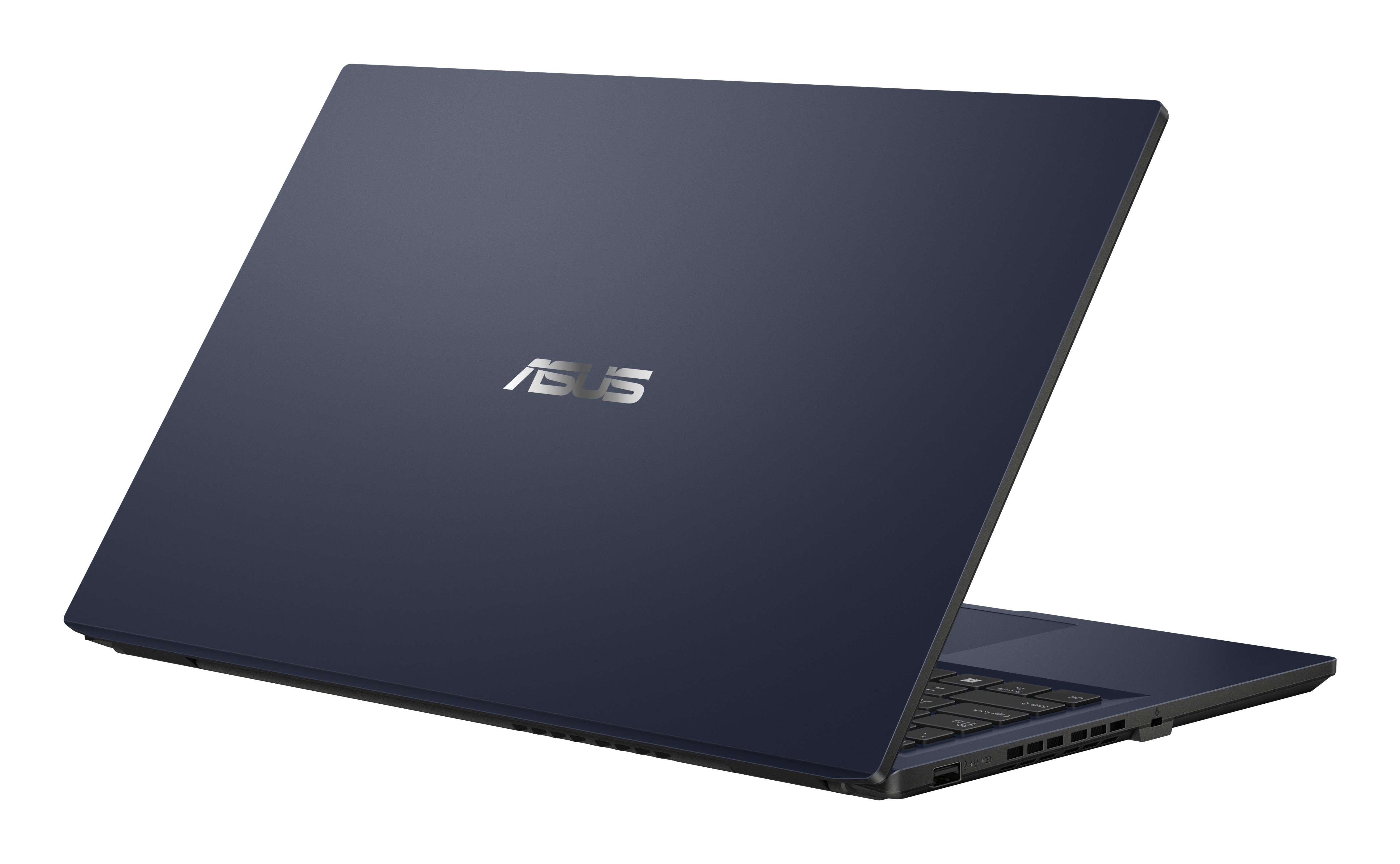Laptop azul oscuro, vista trasera, con el logo de ASUS. El portátil está ligeramente abierto.