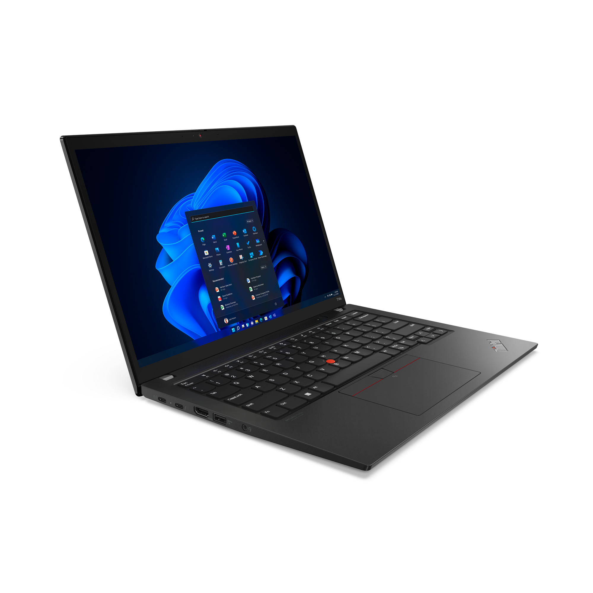 Zwarte laptop, open, schuin, op wit. Scherm toont een Windows-interface.