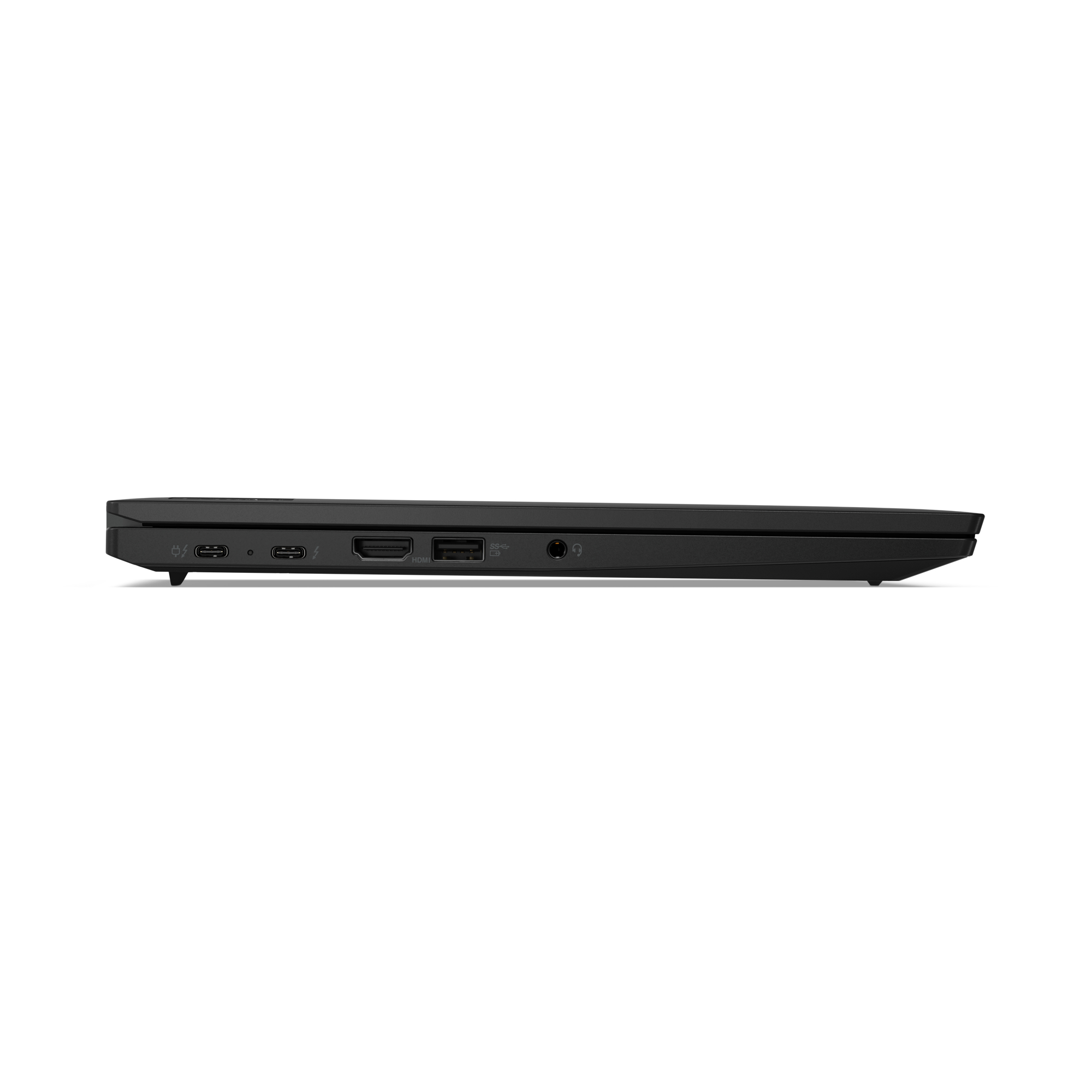 Zijaanzicht van een zwarte laptop, met poorten en aansluitingen zichtbaar.