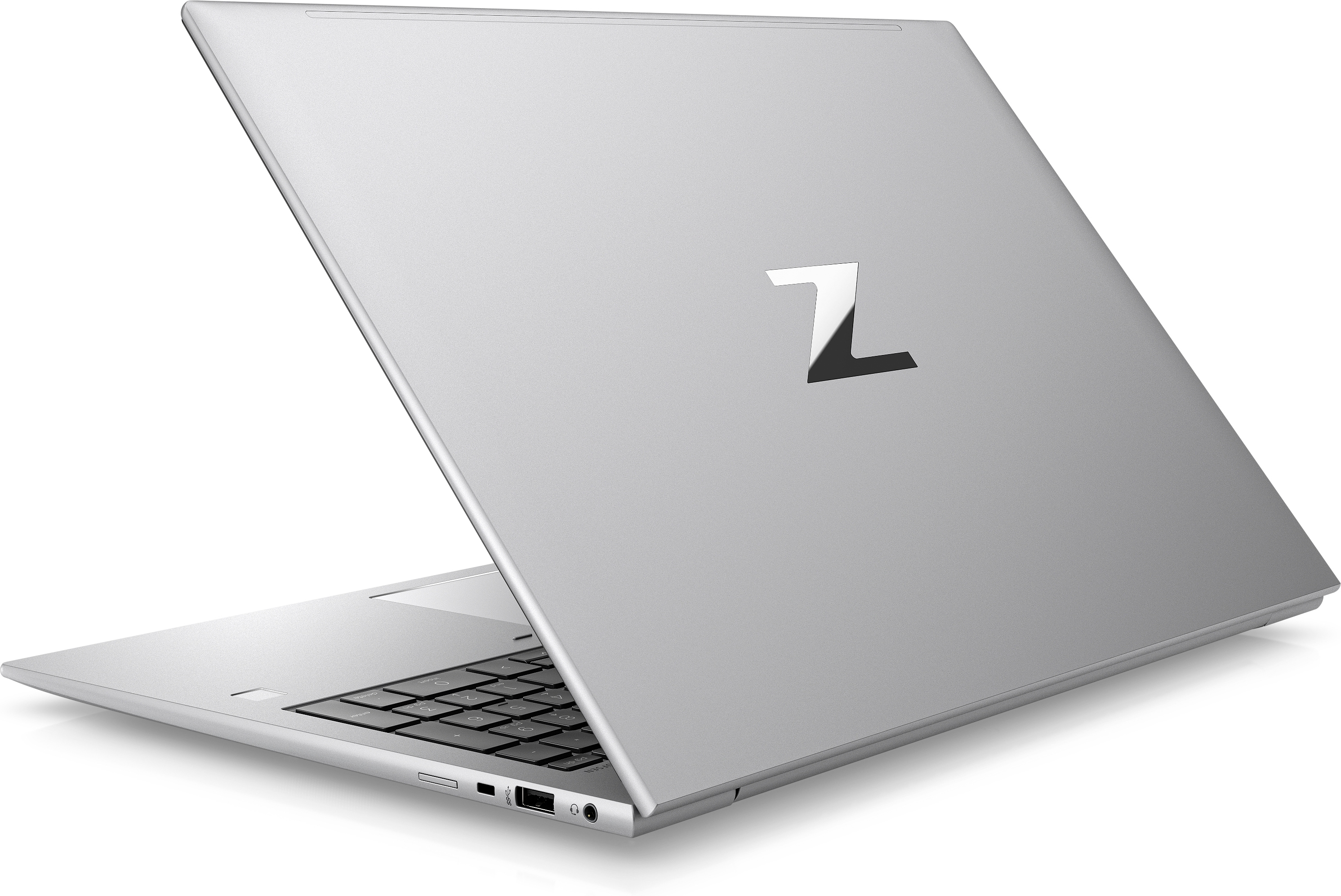 Silver laptop with a logo on the back.