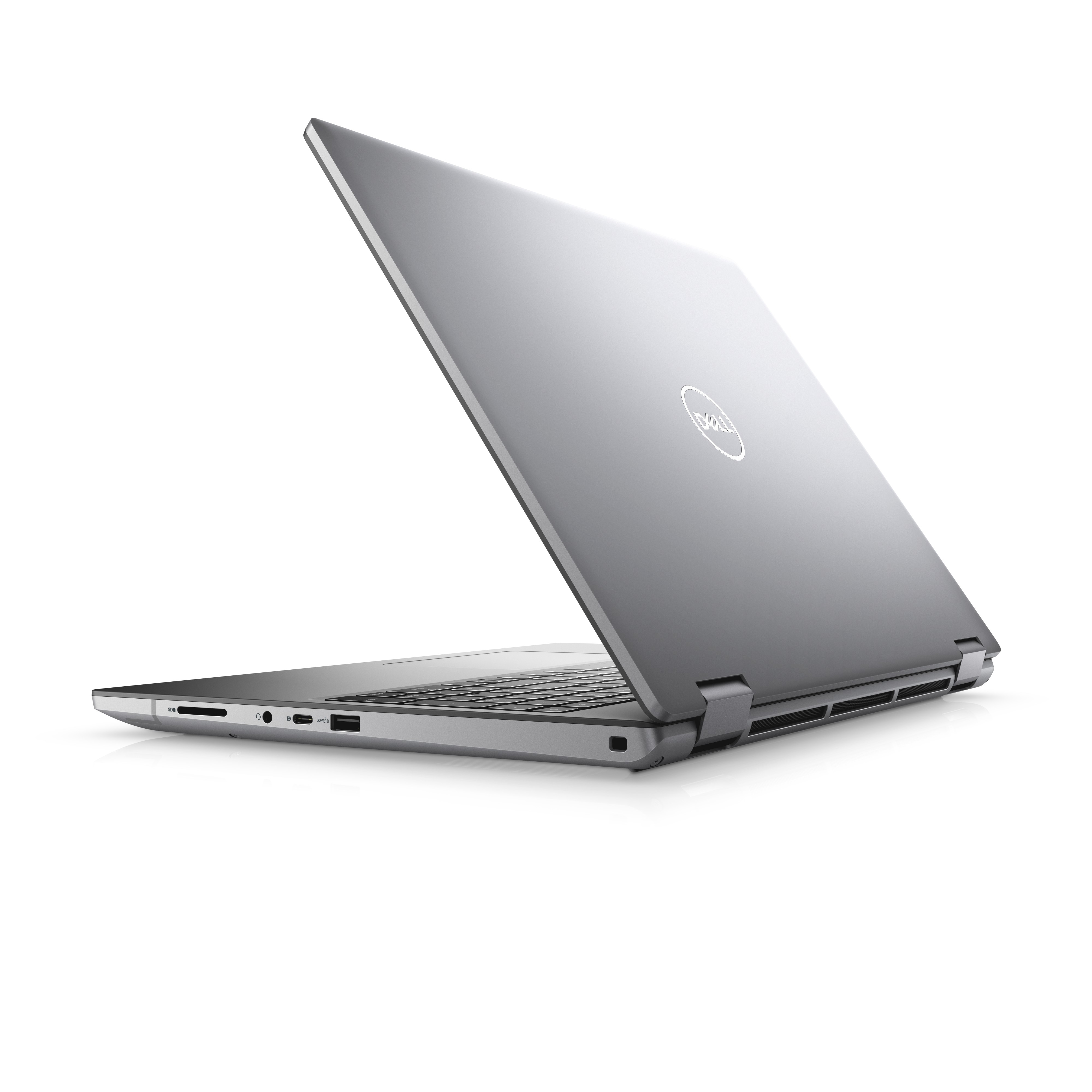 Laptop plateado, abierto, en ángulo, sobre fondo blanco. El logo de Dell es visible en la tapa.