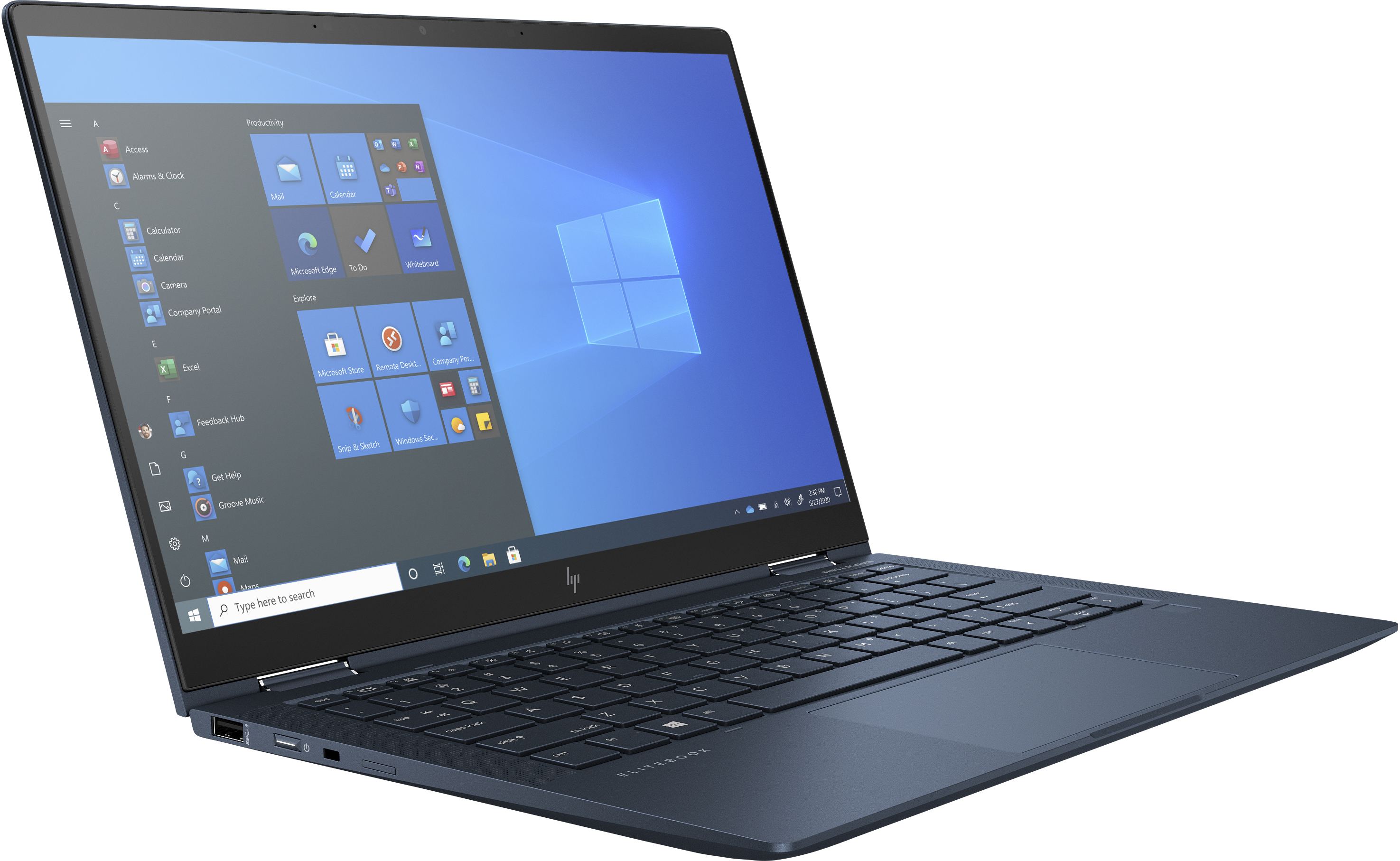 Een laptop met een blauw scherm, open op een bureau, met een Windows-interface.
