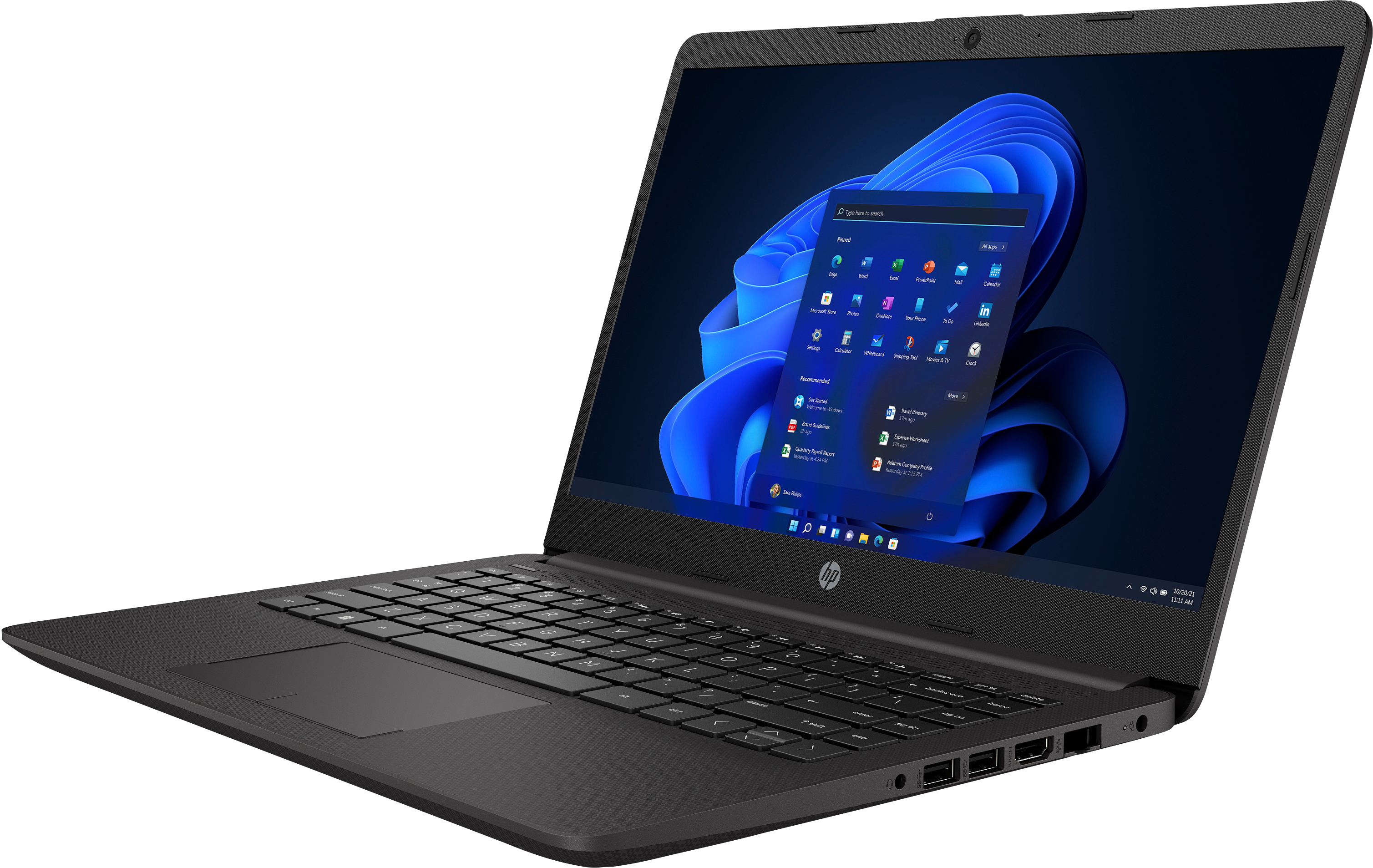 Laptop HP nero aperto su sfondo scuro. Schermo mostra il menu Start di Windows 11.