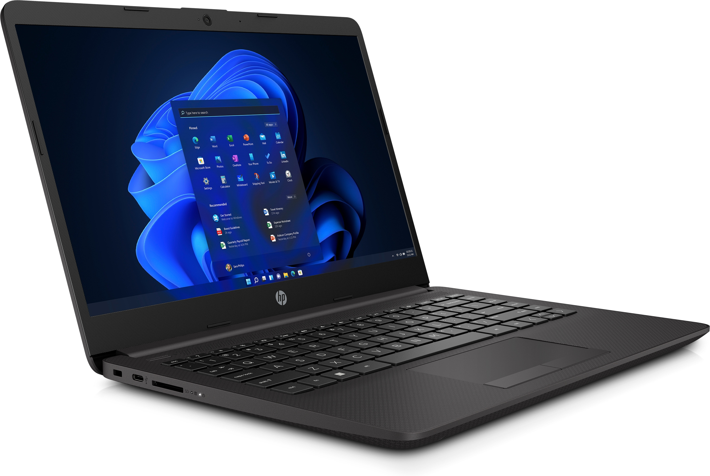 Laptop nero con schermo aperto. Lo schermo mostra Windows. Tastiera e touchpad sono visibili.