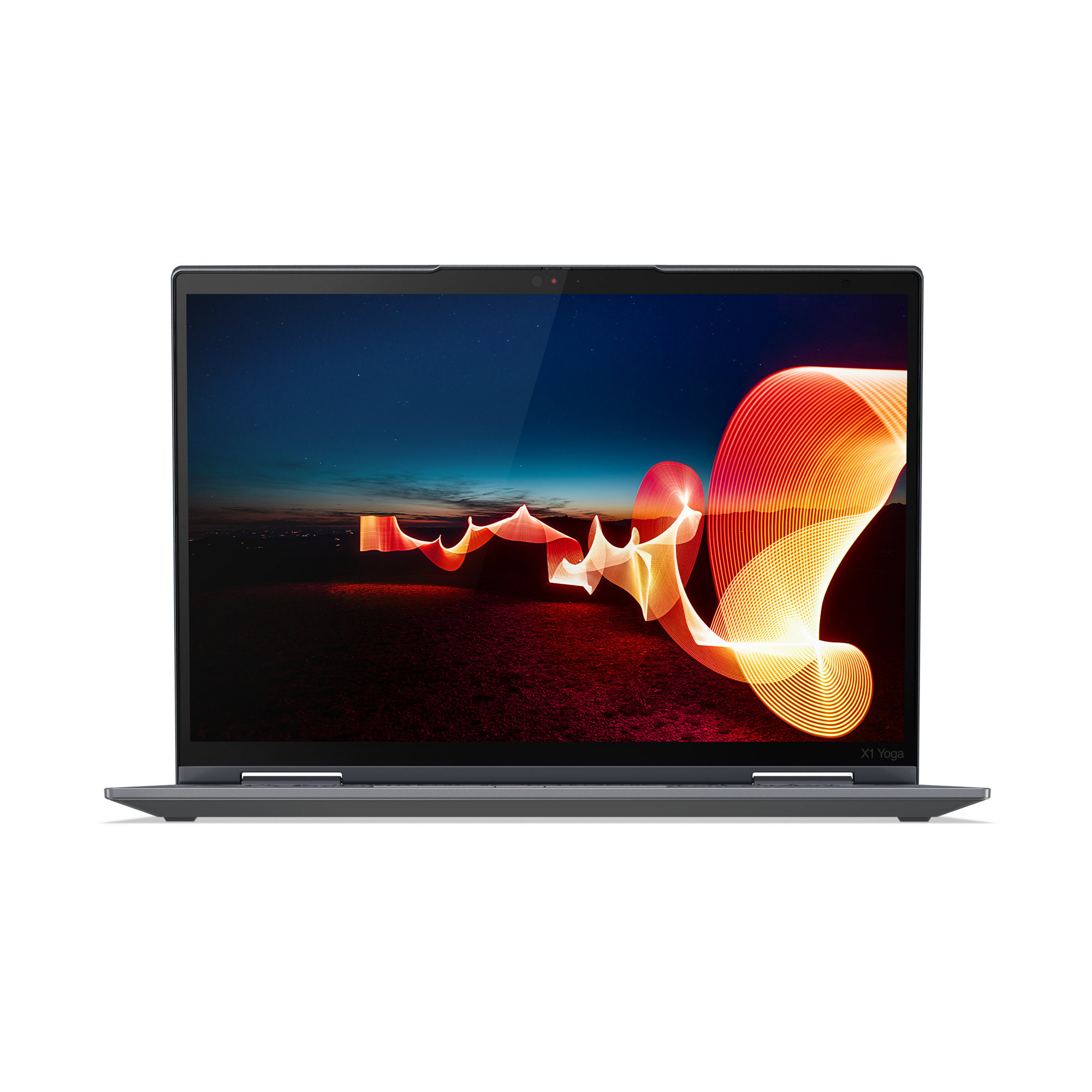 Laptop Lenovo X1 Yoga, aperto, con un display schermo colorato e astratto. È su una superficie bianca.