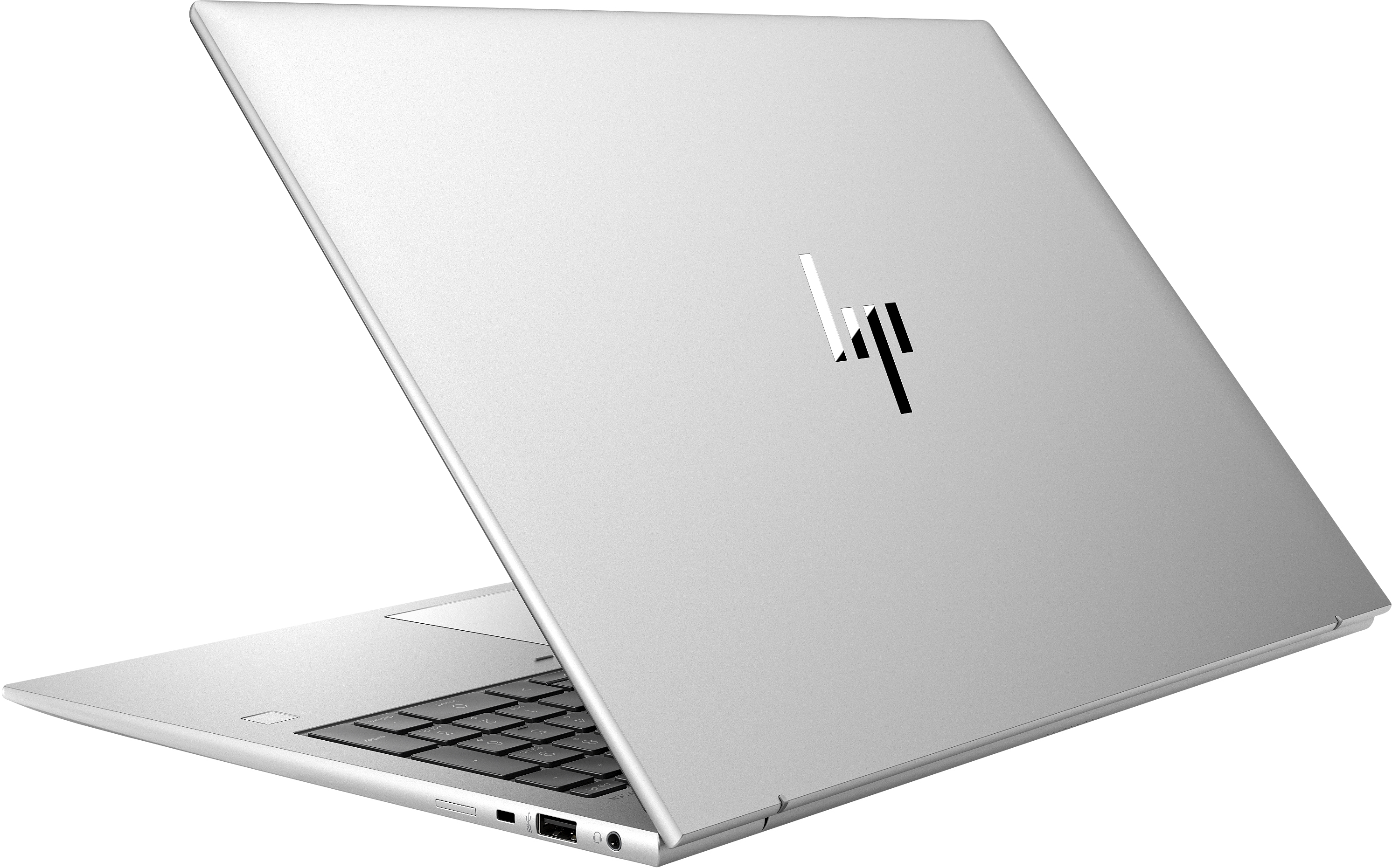 Laptop argentato, chiuso, angolato di lato. Mostra il logo HP sul retro.