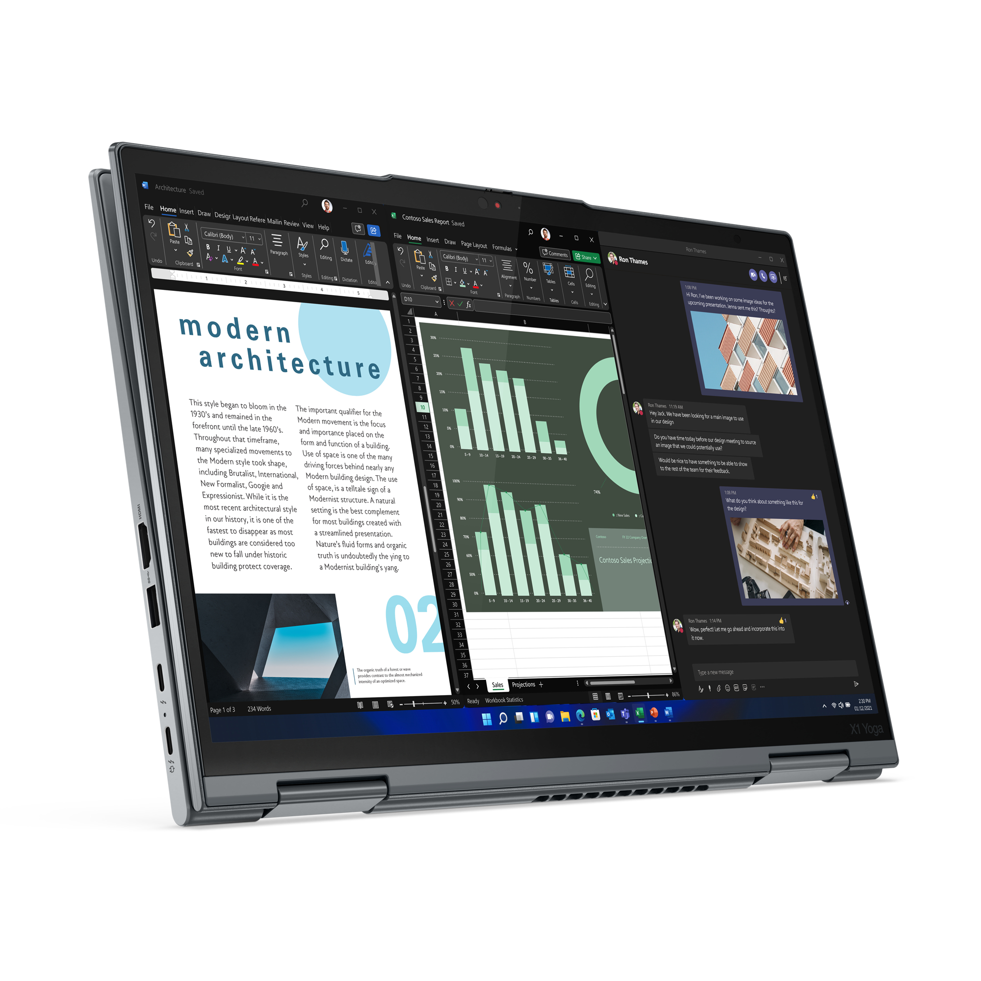 Laptop aperto che mostra un articolo di architettura moderna con grafici sullo schermo.