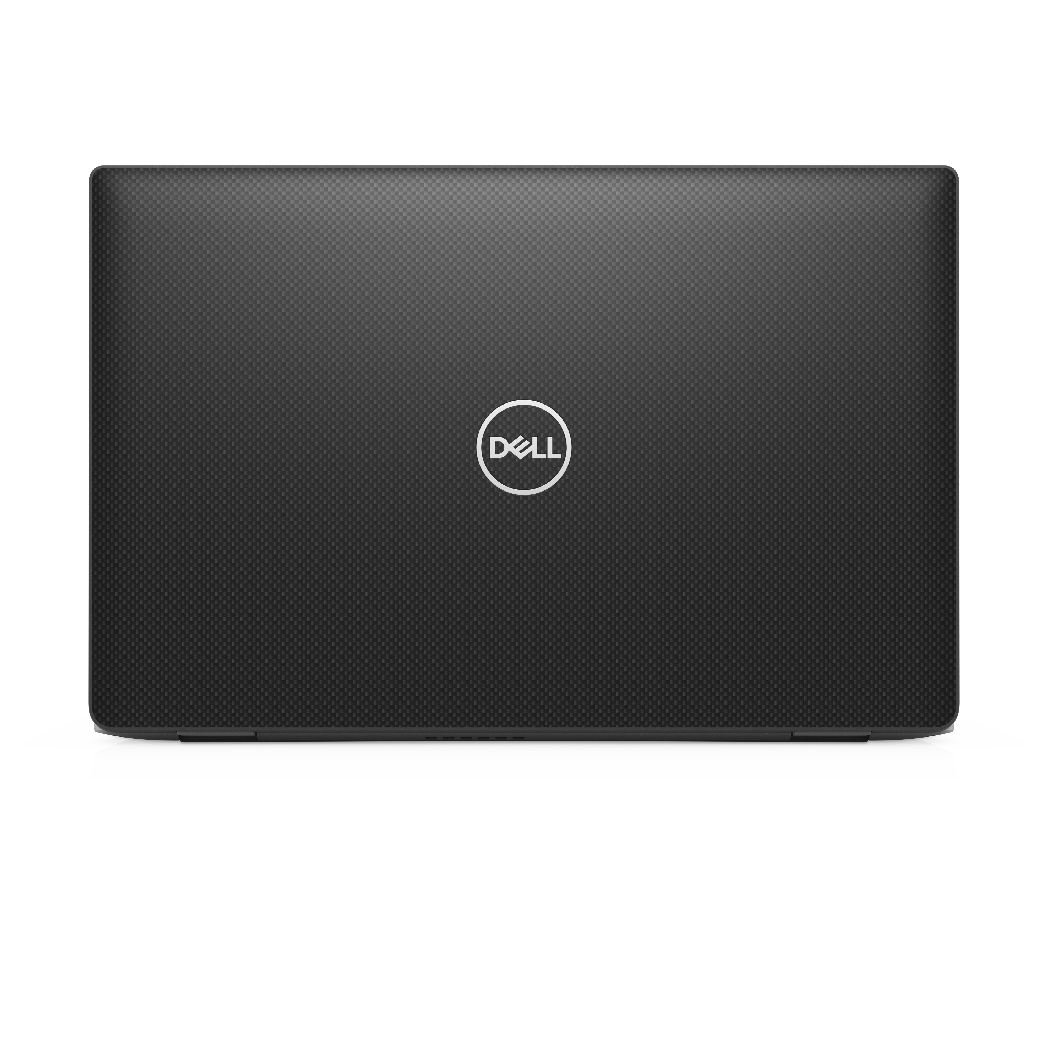 Black laptop with a Dell logo on the back. The laptop is closed on a white surface.