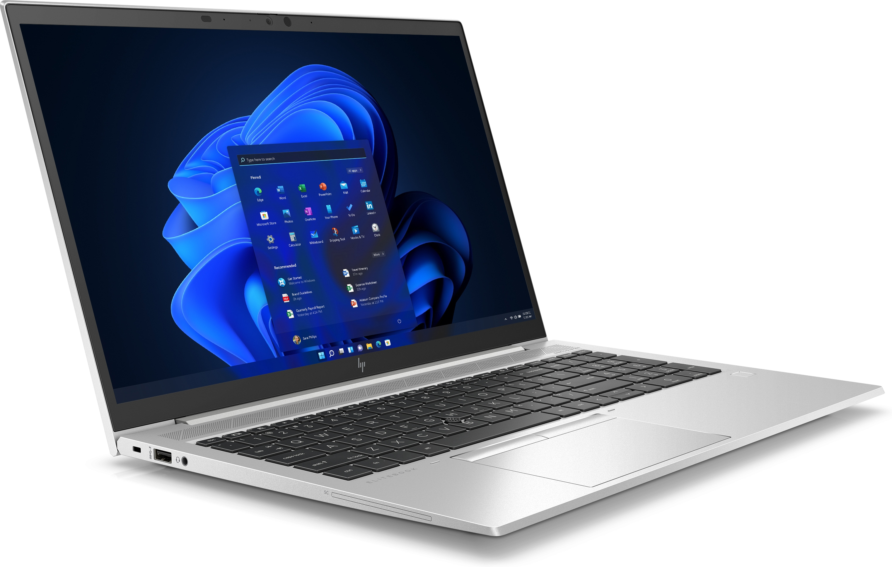 Laptop argentato con schermo che mostra l'interfaccia di Windows 11. Il laptop è aperto.