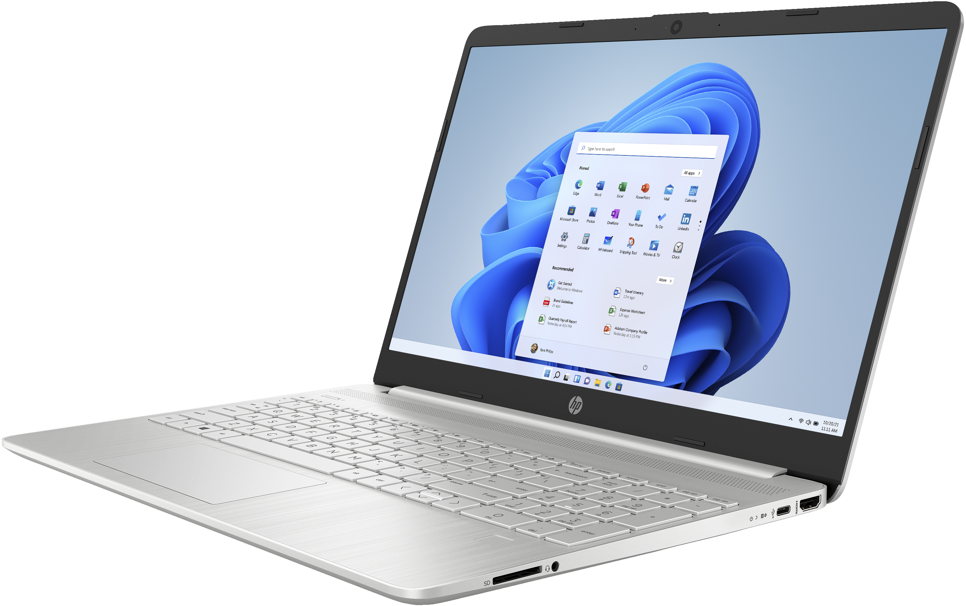 Silberner Laptop auf weißer Oberfläche. Bildschirm zeigt Windows 11-Oberfläche. Weißer Hintergrund.