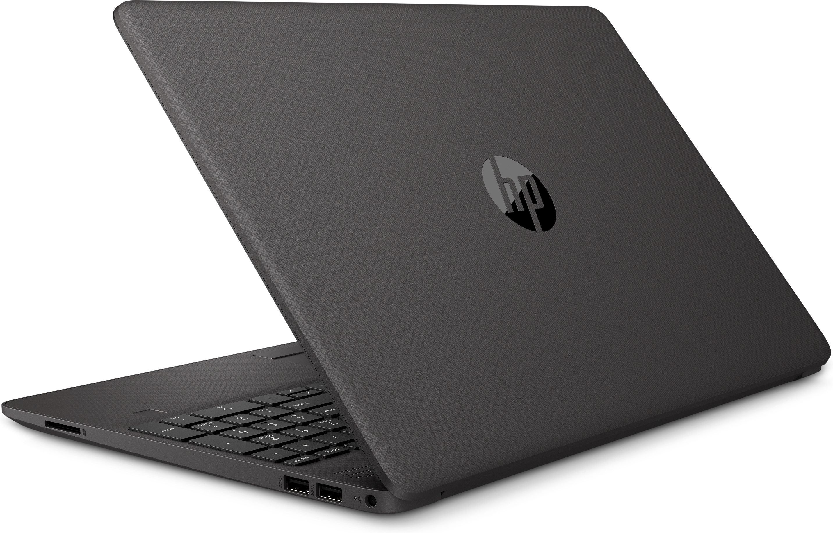 Laptop HP nero, vista posteriore, con logo HP visibile, su sfondo bianco.