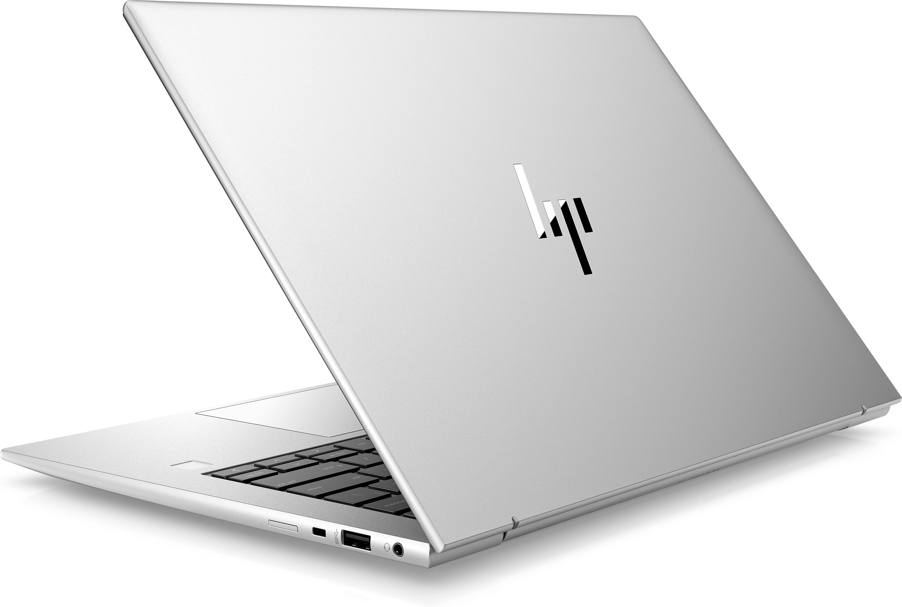 Laptop argentato, vista posteriore, leggermente aperto. Logo HP visibile. Schermo chiuso.