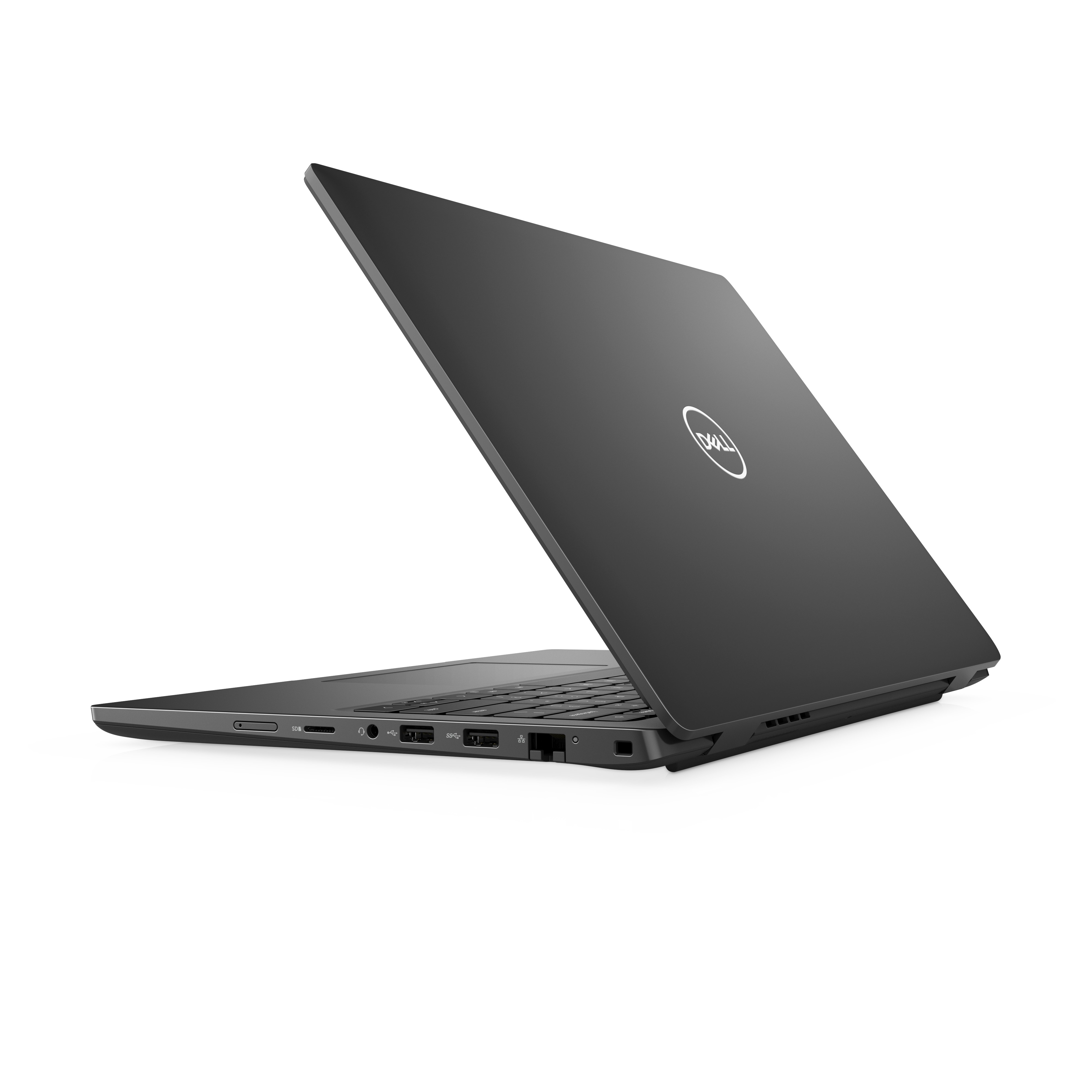 Black laptop, angled view, showing ports on the side, on a white background.