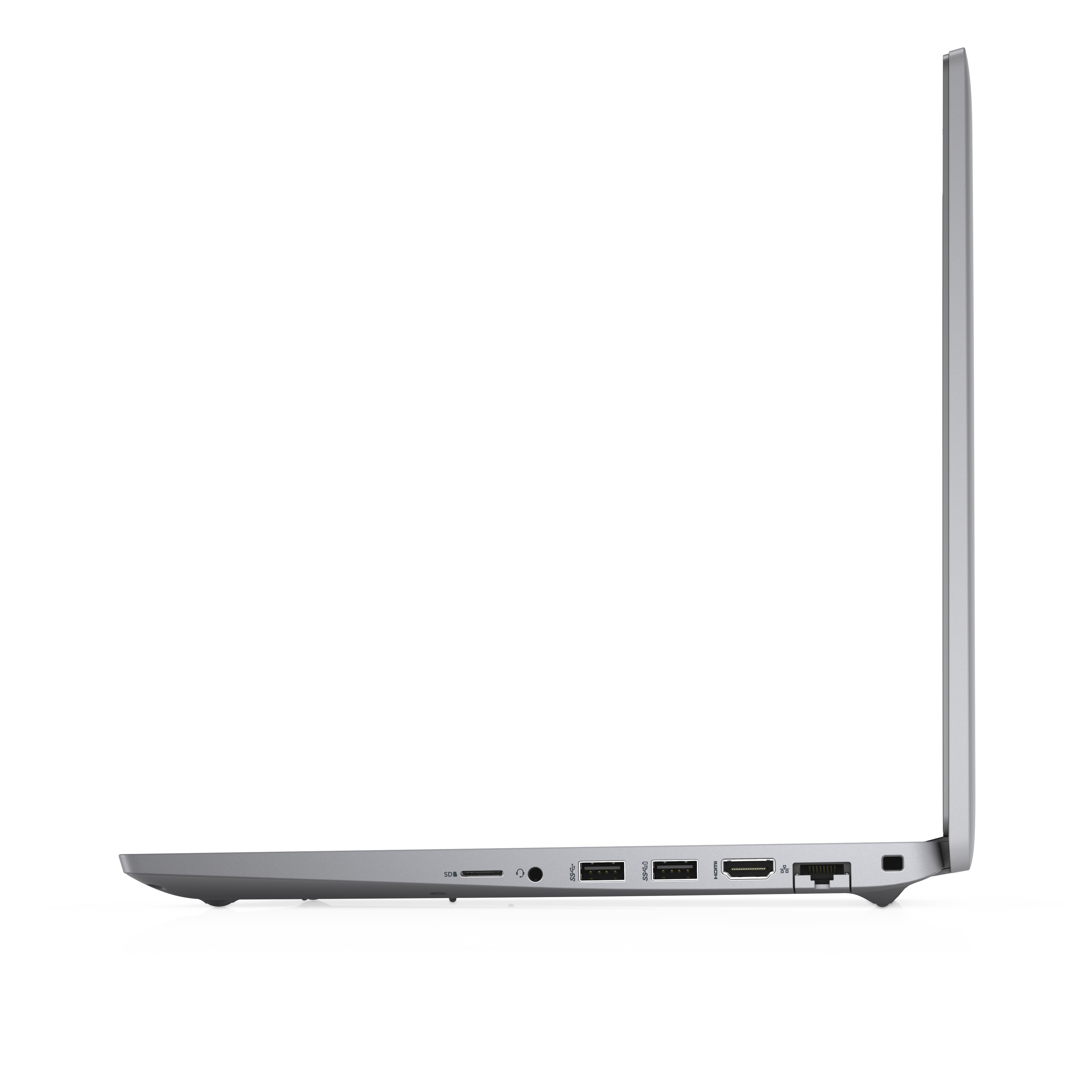 Ein Laptop von der Seite, mit Anschlüssen und einem schlanken Profil.