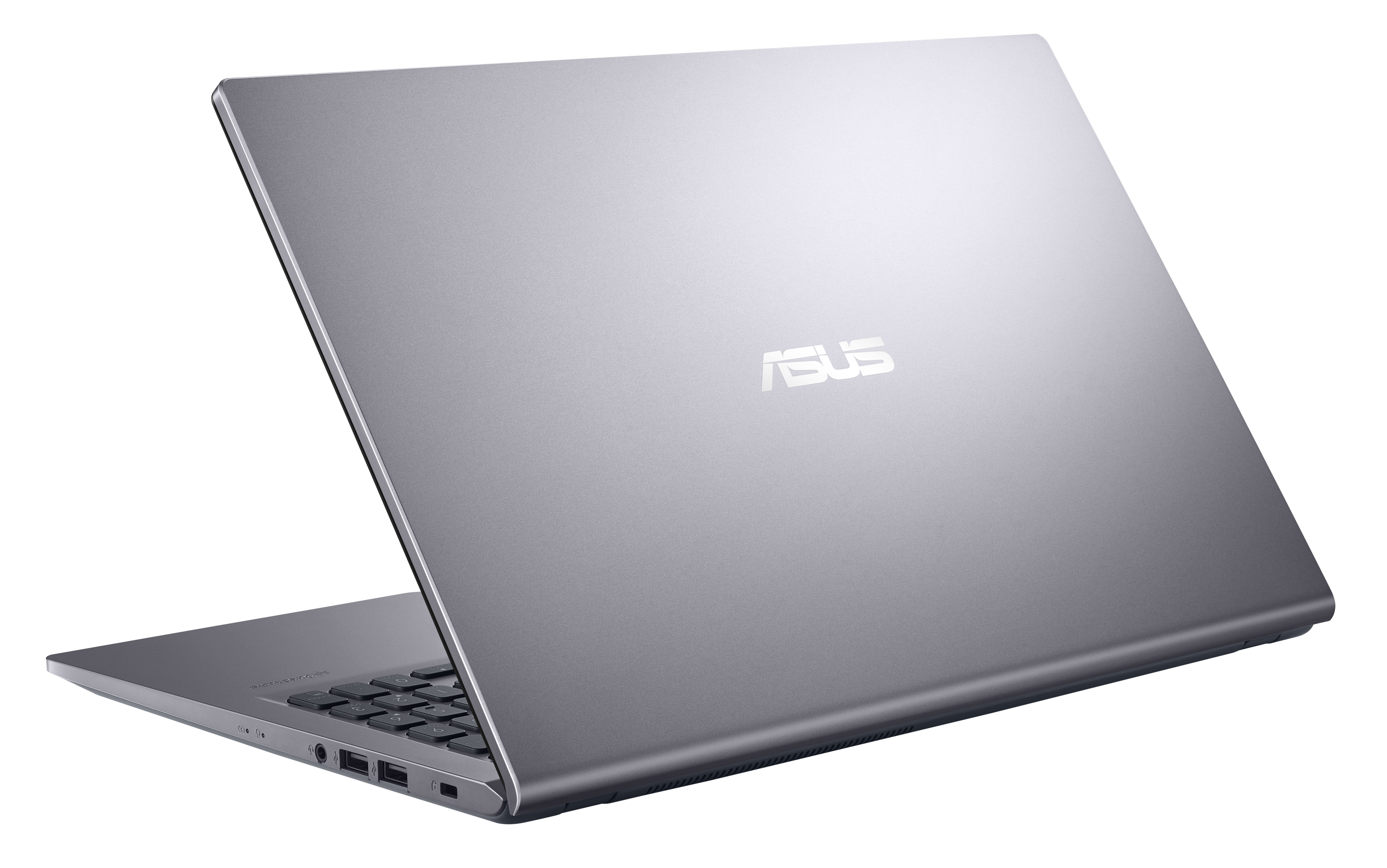 Un portátil plateado con el logo de ASUS en la parte trasera, sobre una superficie blanca.