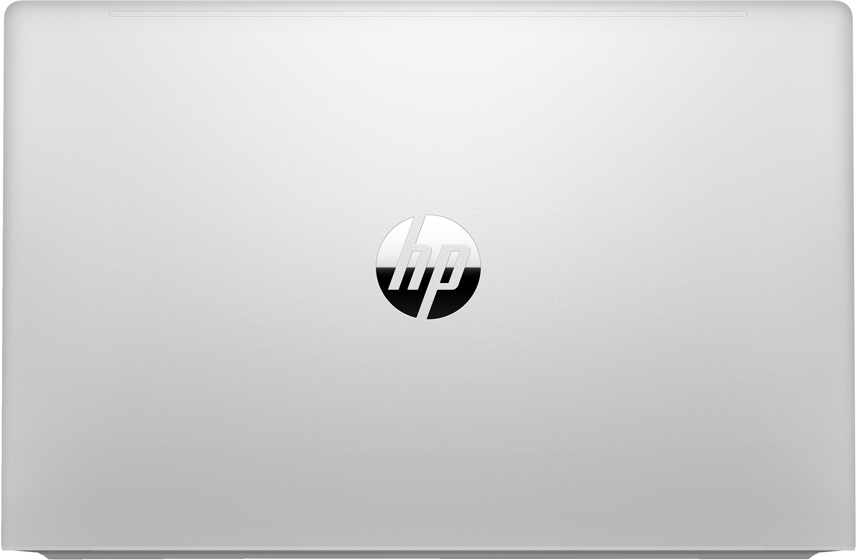 Zilveren laptopdeksel met HP-logo in het midden.