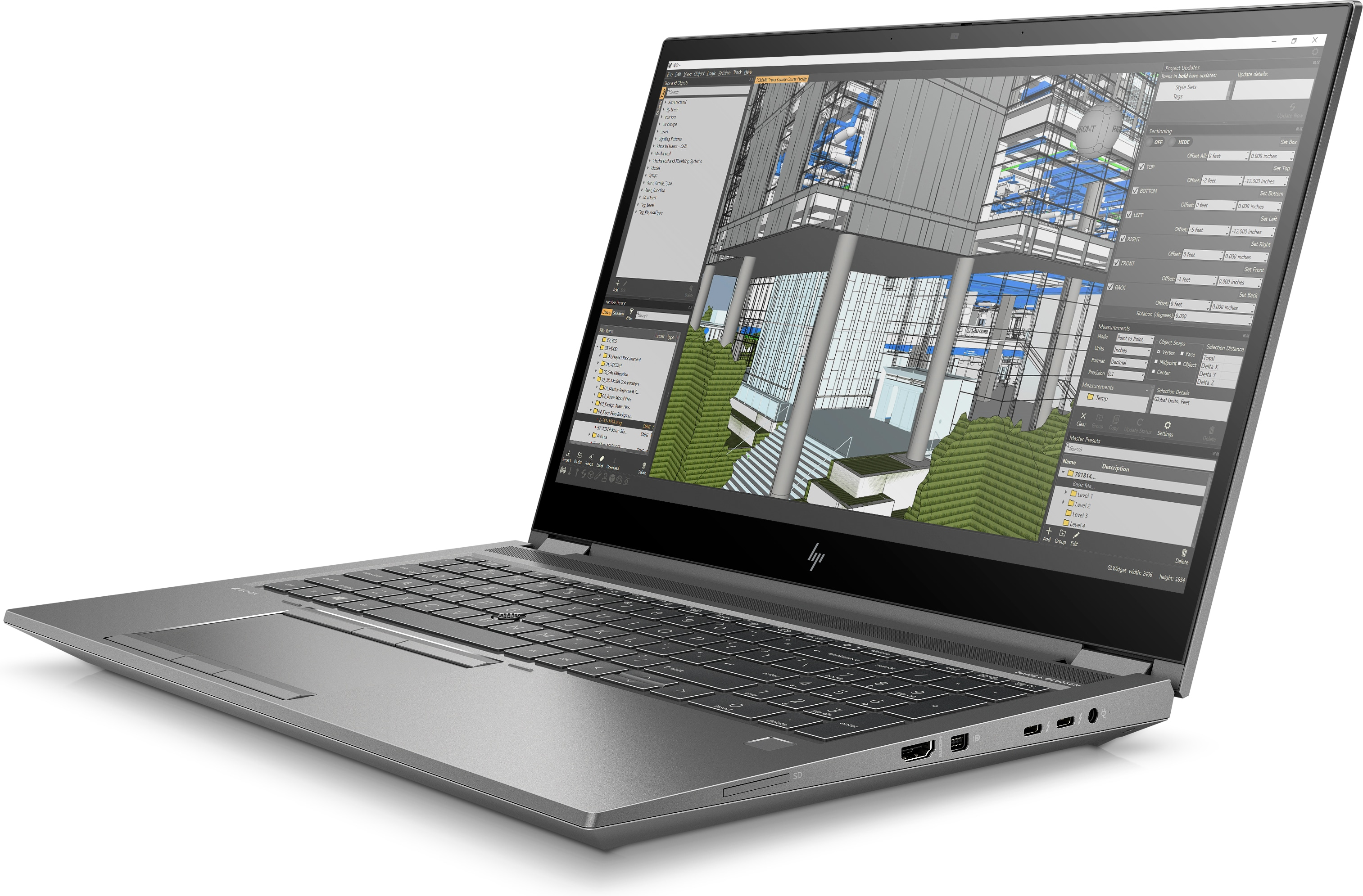Laptop mit 3D-Architekturprogramm. Grauer Laptop, Seitenansicht, offener Bildschirm.
