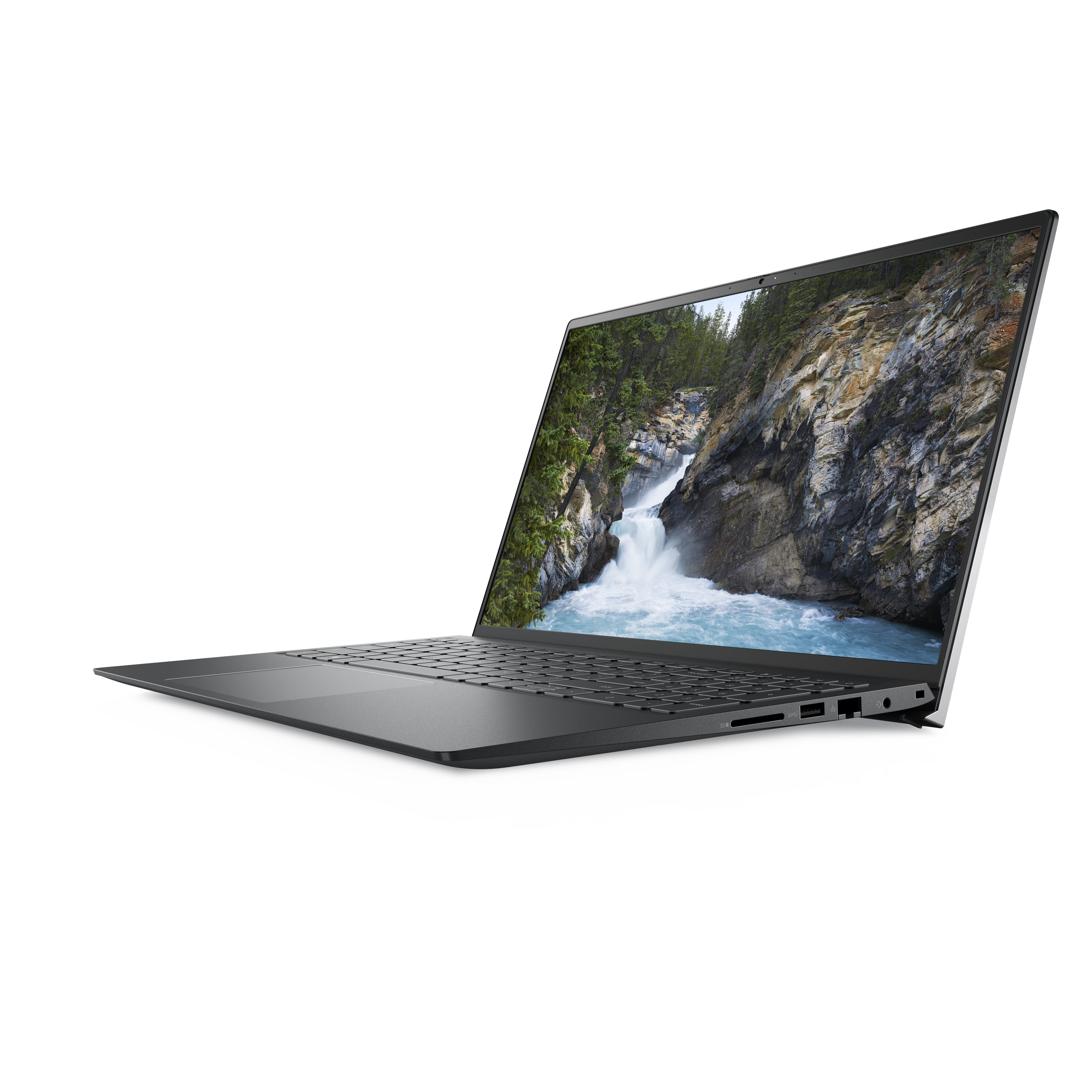 Un laptop con una scena di cascata sullo schermo. Il laptop è aperto su una superficie bianca.