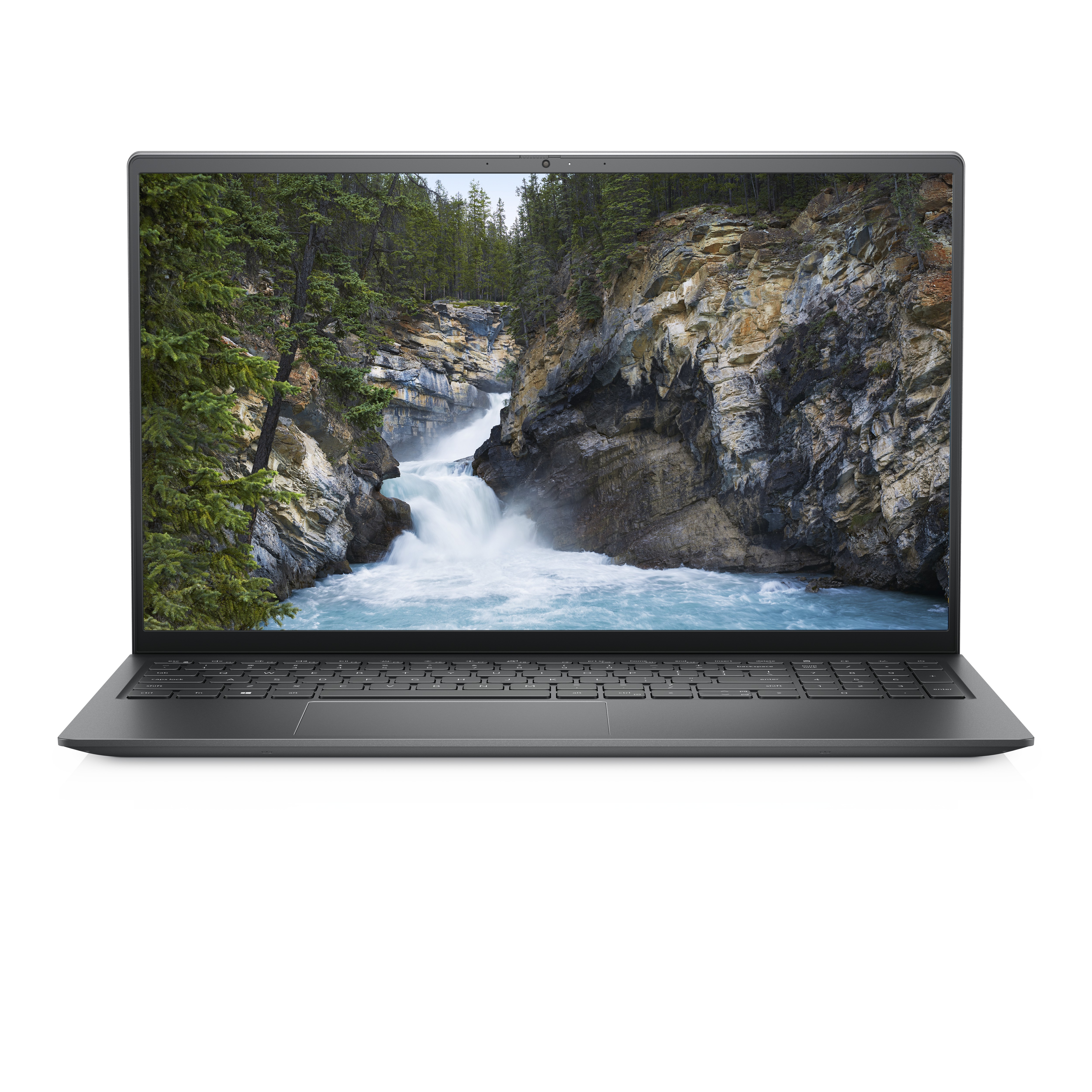 Laptop aperto che mostra una scena di cascata. Laptop grigio con schermo aperto.