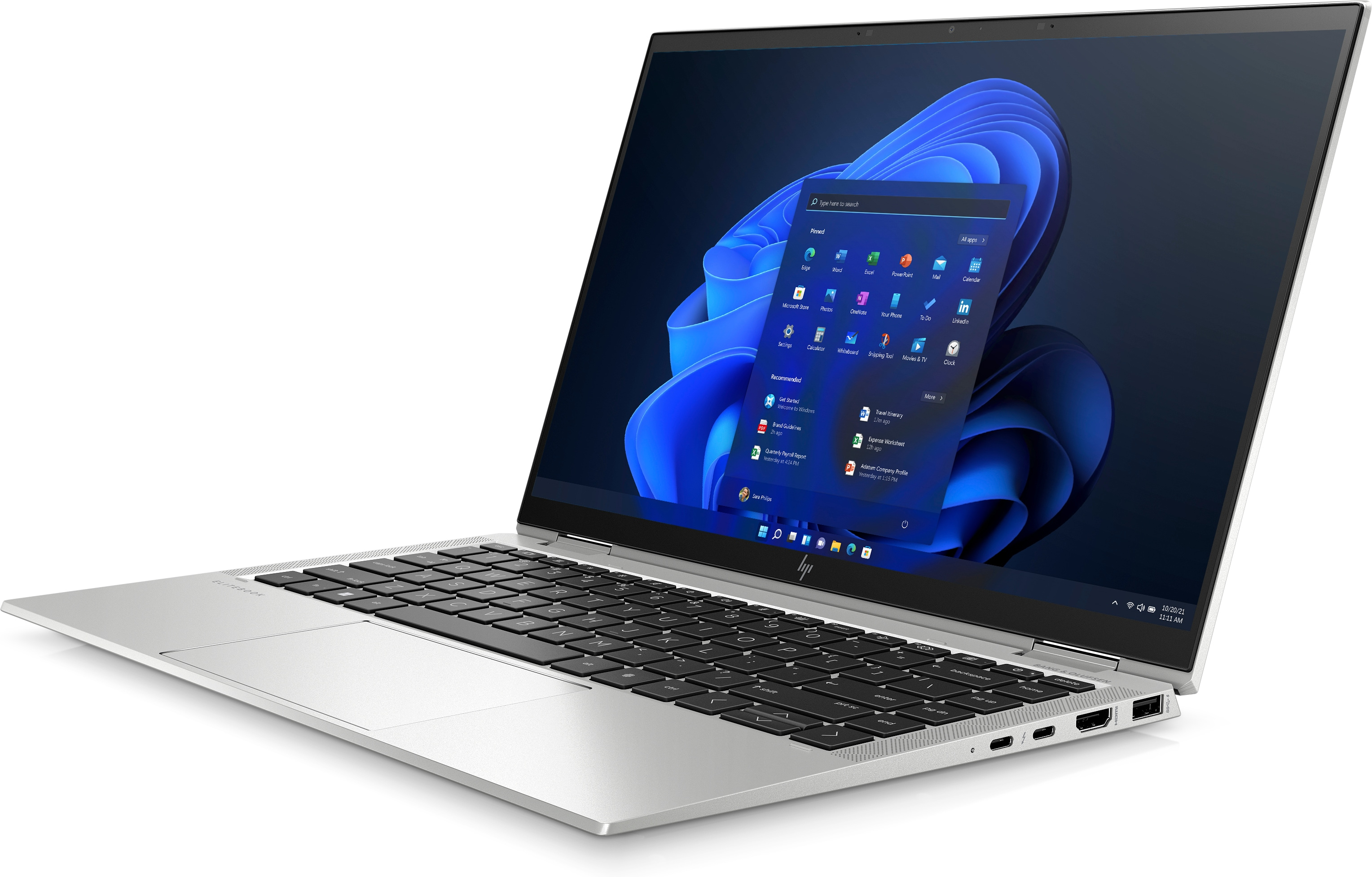 Silberner Laptop, offen, angewinkelte Ansicht, zeigt eine Windows 11 Oberfläche auf dem Bildschirm.