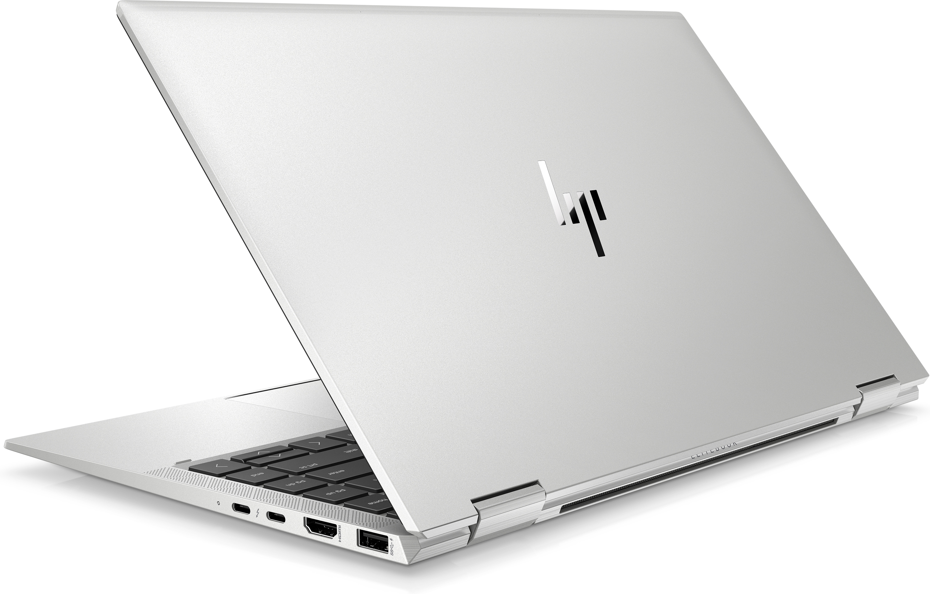 Silberner Laptop in einem Winkel geöffnet, die Rückseite zeigt zum Betrachter.