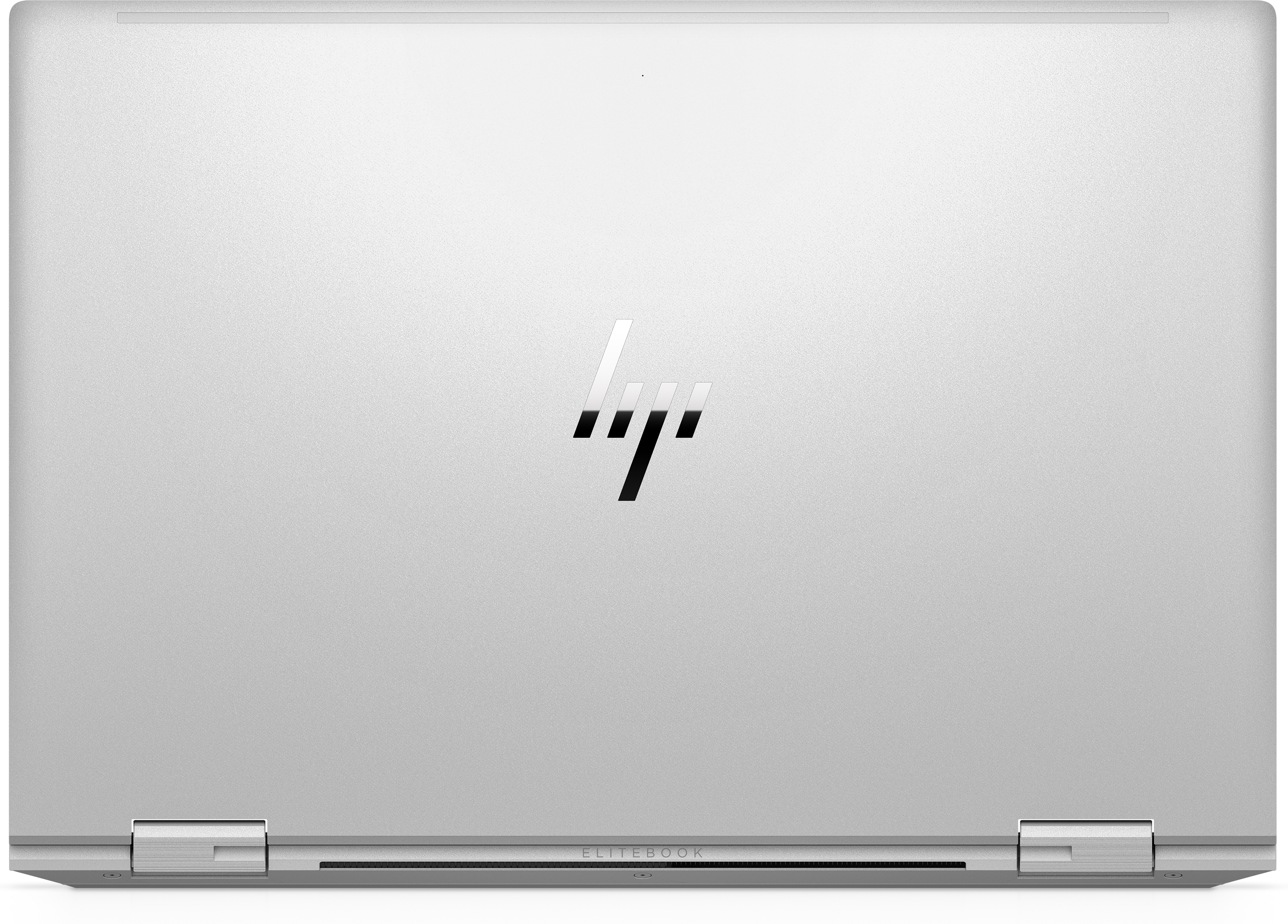 Silver laptop closed, HP logo visible, white background, top view.