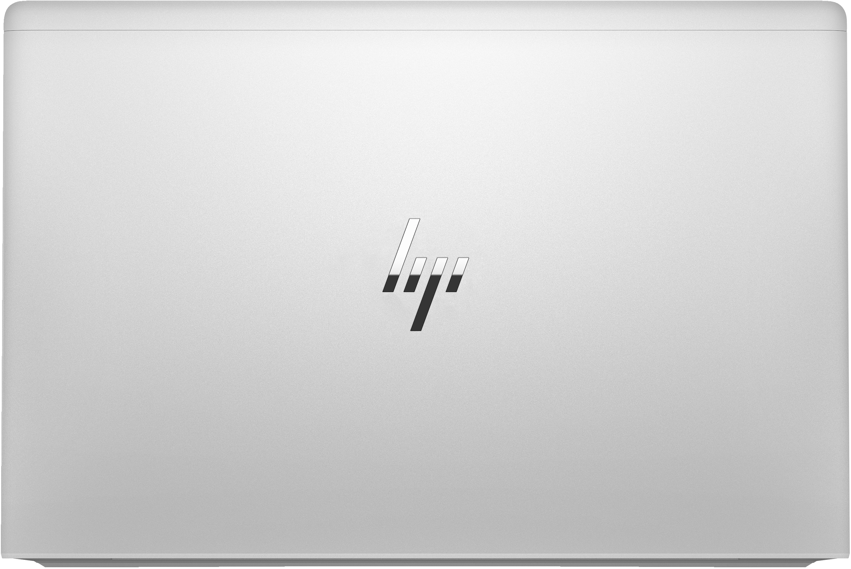 Silberner Laptopdeckel mit HP-Logo, vor weißem Hintergrund. Der Deckel ist glatt und reflektierend.