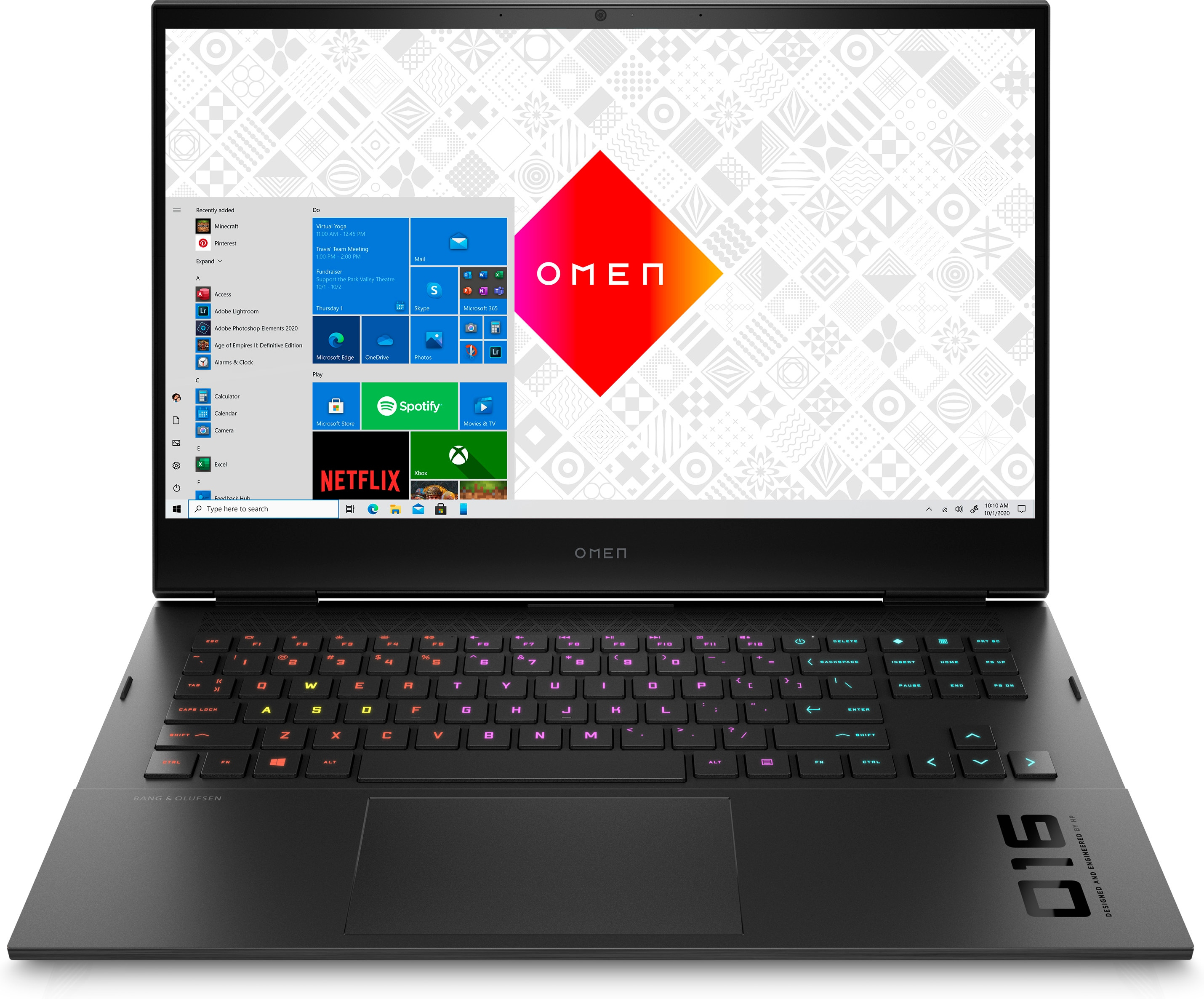 Laptop nero con tastiera colorata, che mostra l'interfaccia di Windows 11 e un logo.