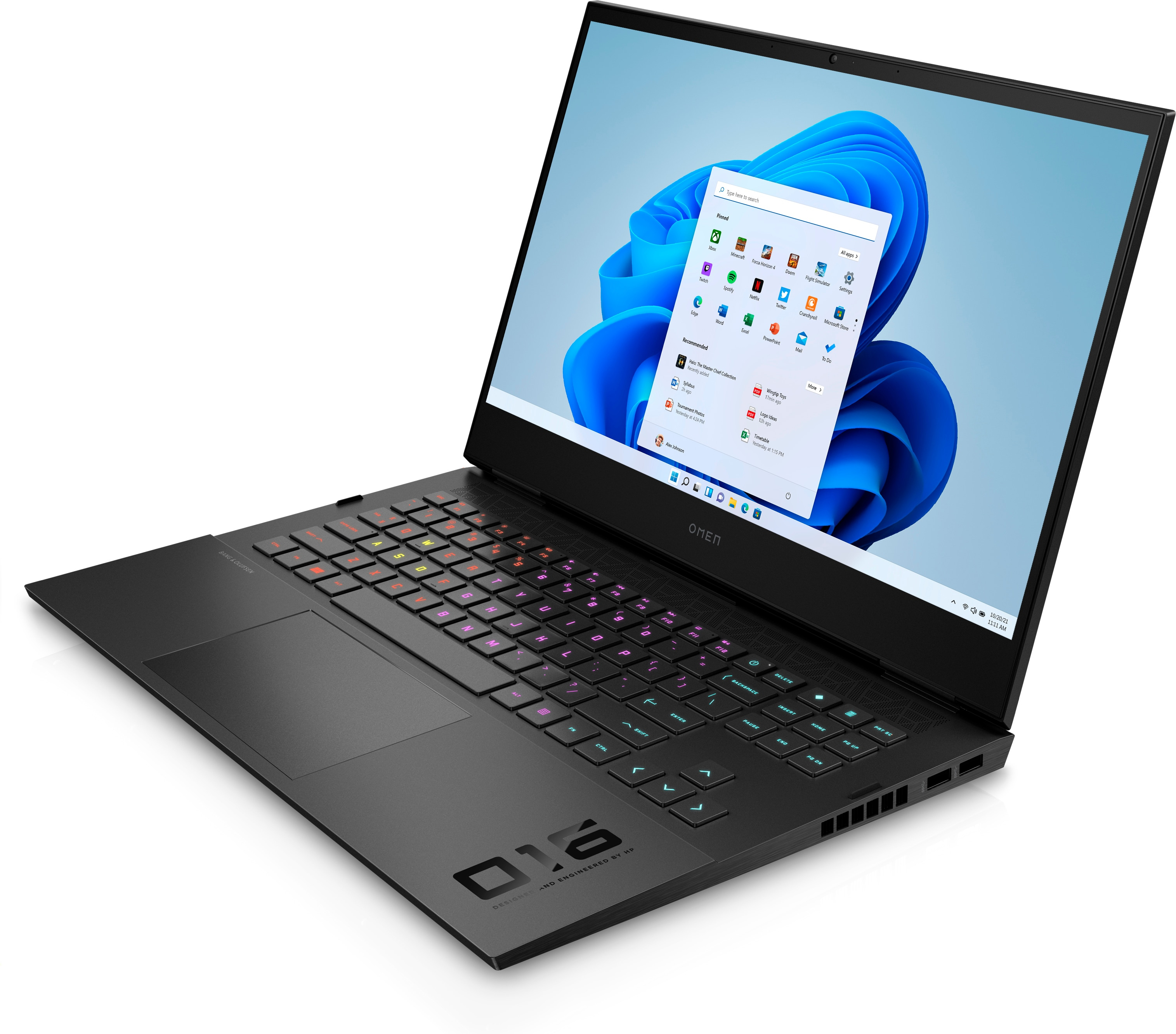 Un laptop nero aperto, che mostra un desktop Windows. È su una superficie bianca.