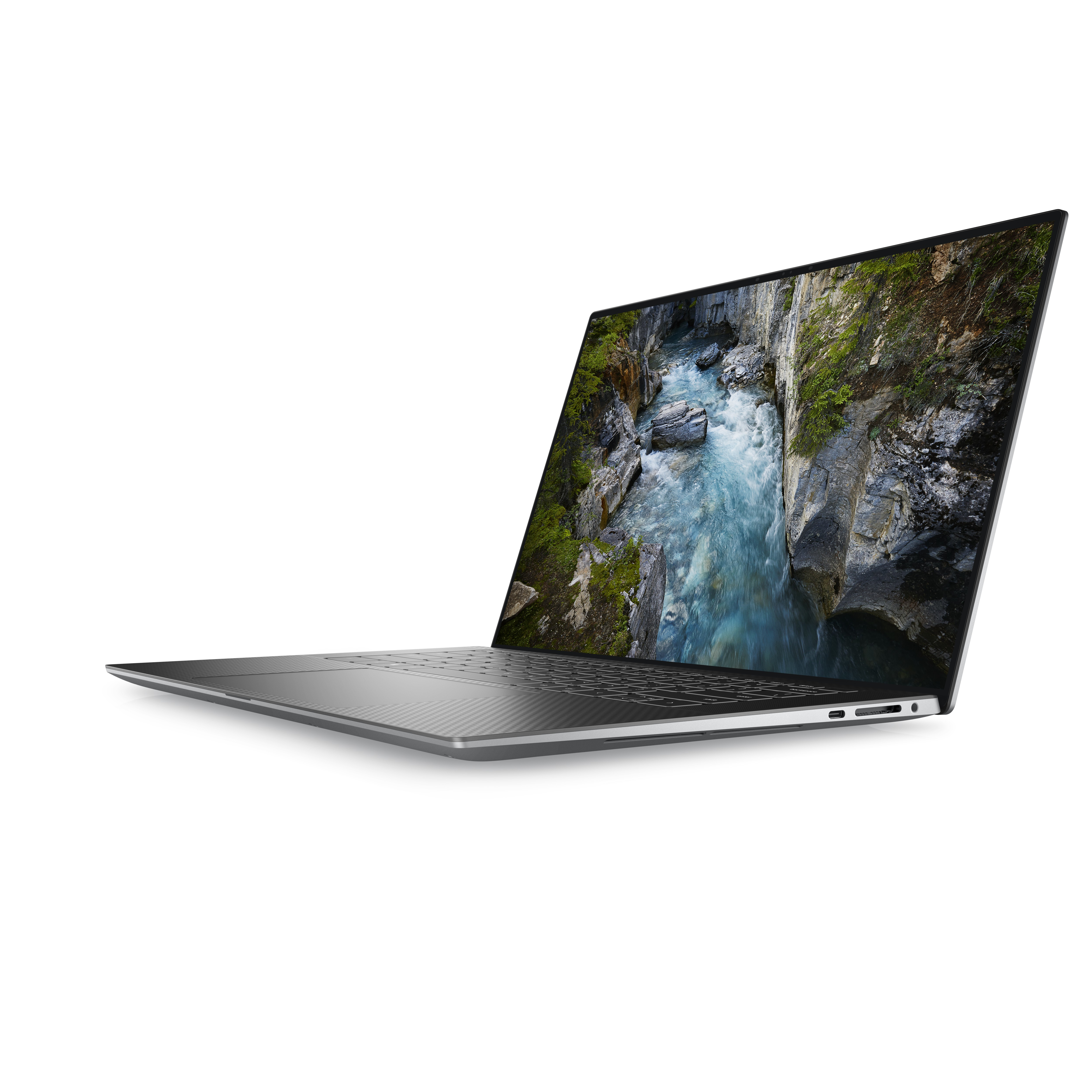 Ein silberner Laptop mit einer Flusslandschaft auf dem Bildschirm.