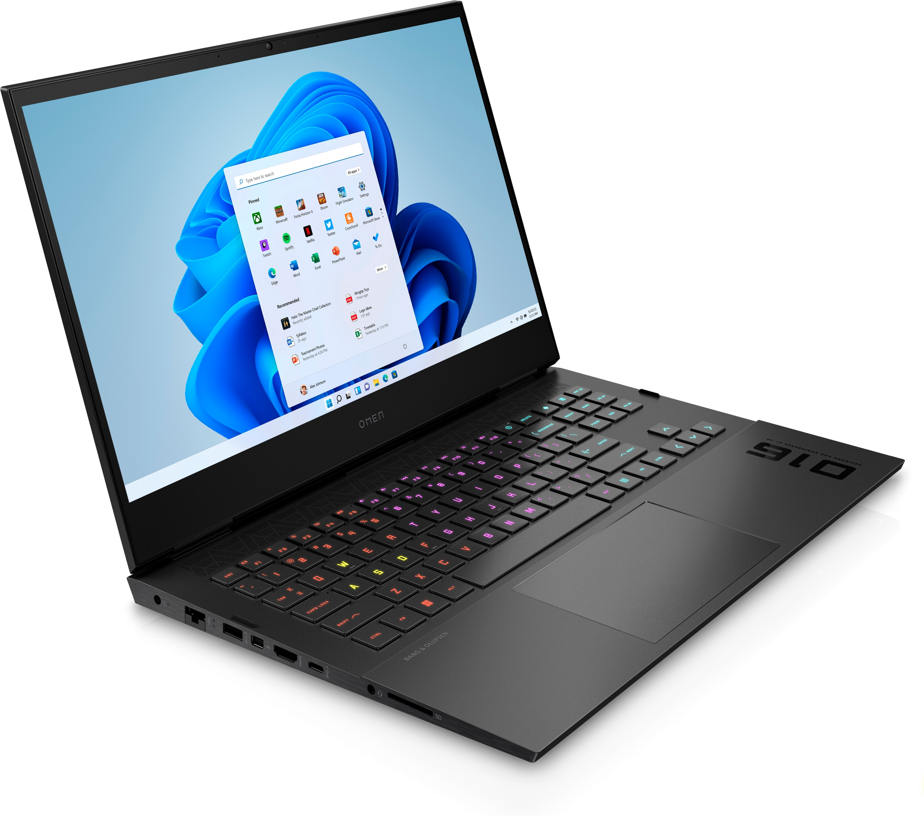 Laptop Omen nero, aperto, che mostra lo schermo di Windows 11. La tastiera ha un'illuminazione colorata.