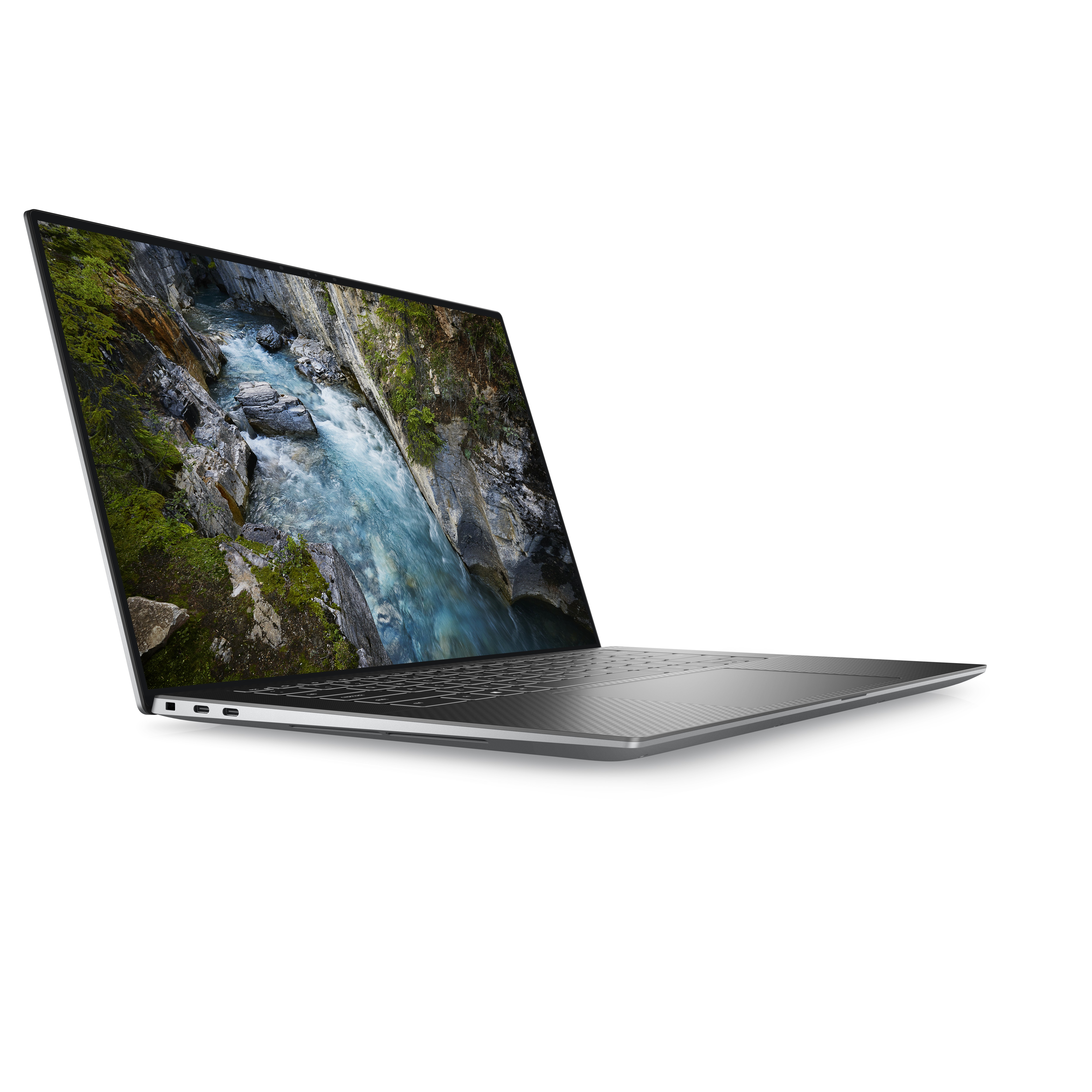 Silberner Laptop in einem Winkel, zeigt den Bildschirm mit einer Fluss- und Schluchtszene. Weißer Hintergrund.