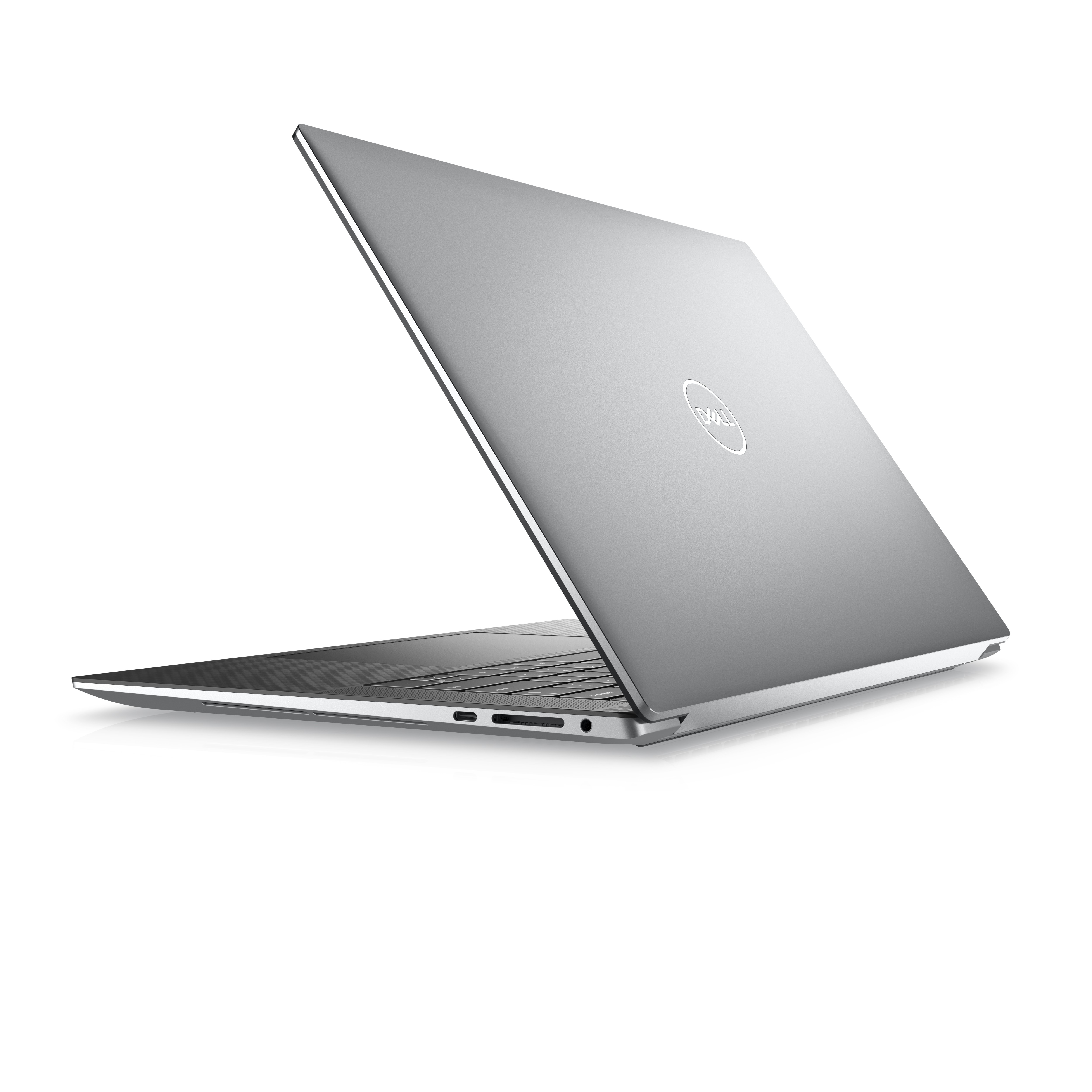 Ein silberner Laptop mit dem Dell-Logo. Der Bildschirm ist leicht geöffnet.