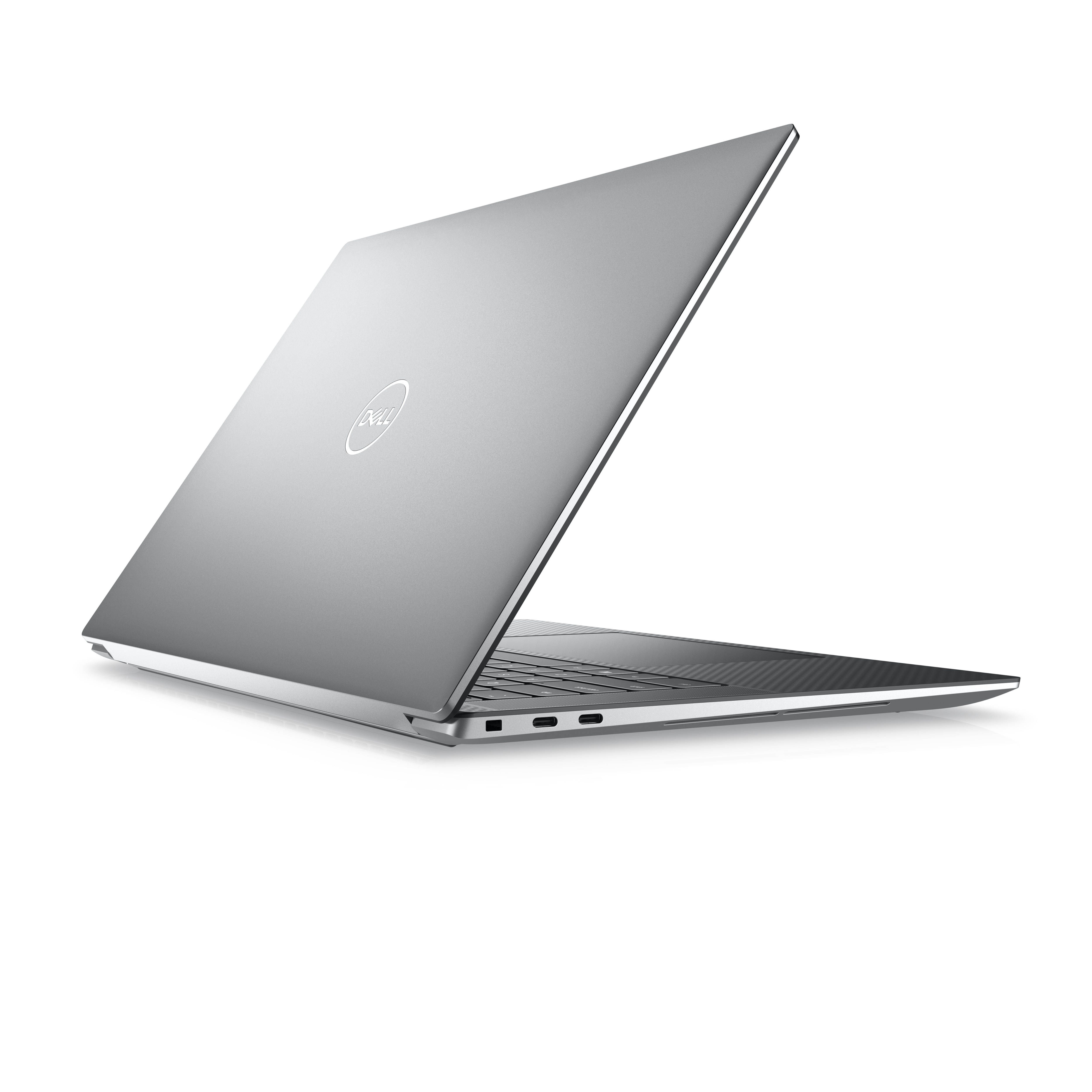 Silberner Dell Laptop, teilweise geöffnet, zeigt Rückseite und Seite, auf weißem Hintergrund. Dell-Logo sichtbar.