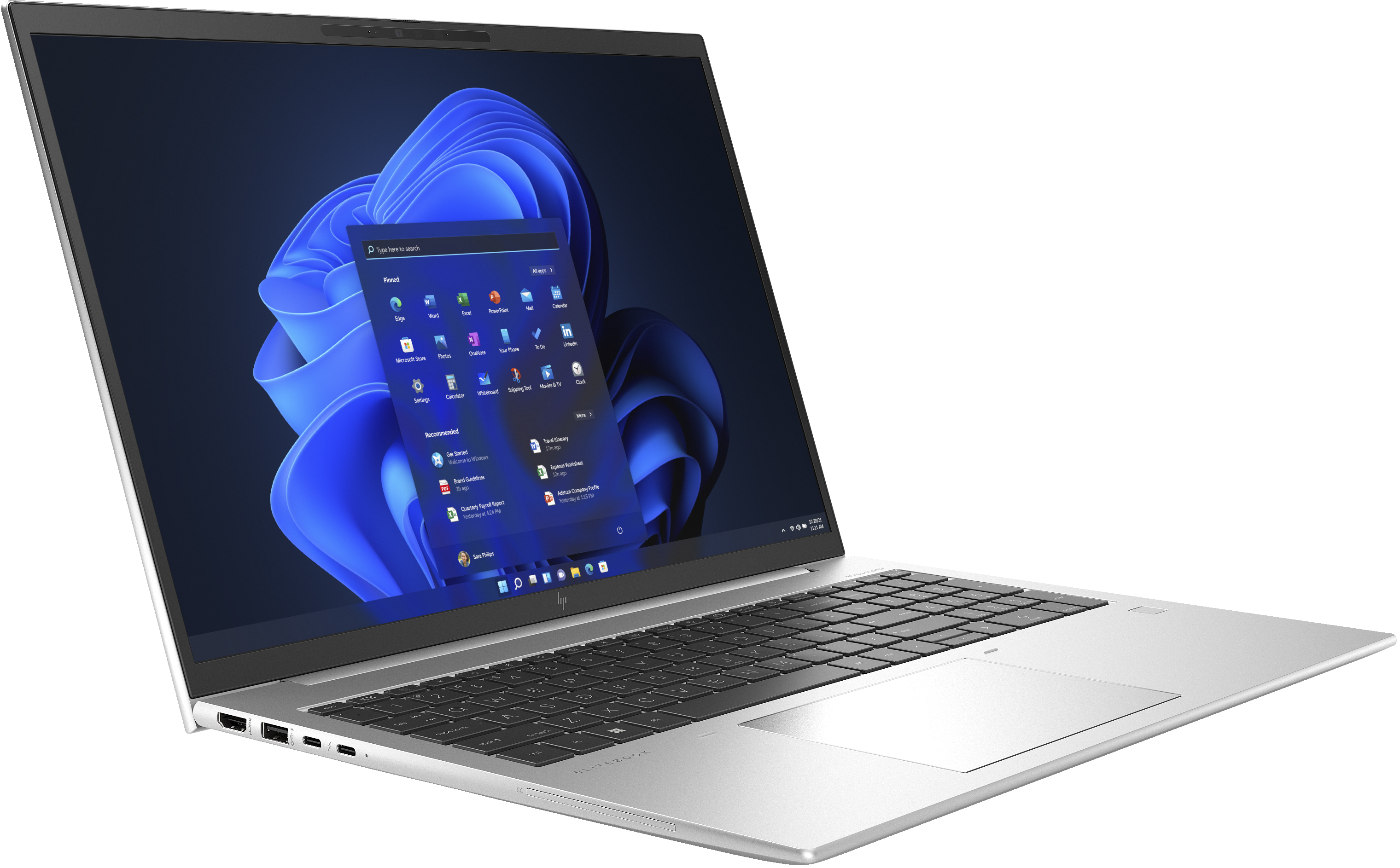Ein silberner Laptop mit einem Windows-Desktop-Bildschirm.