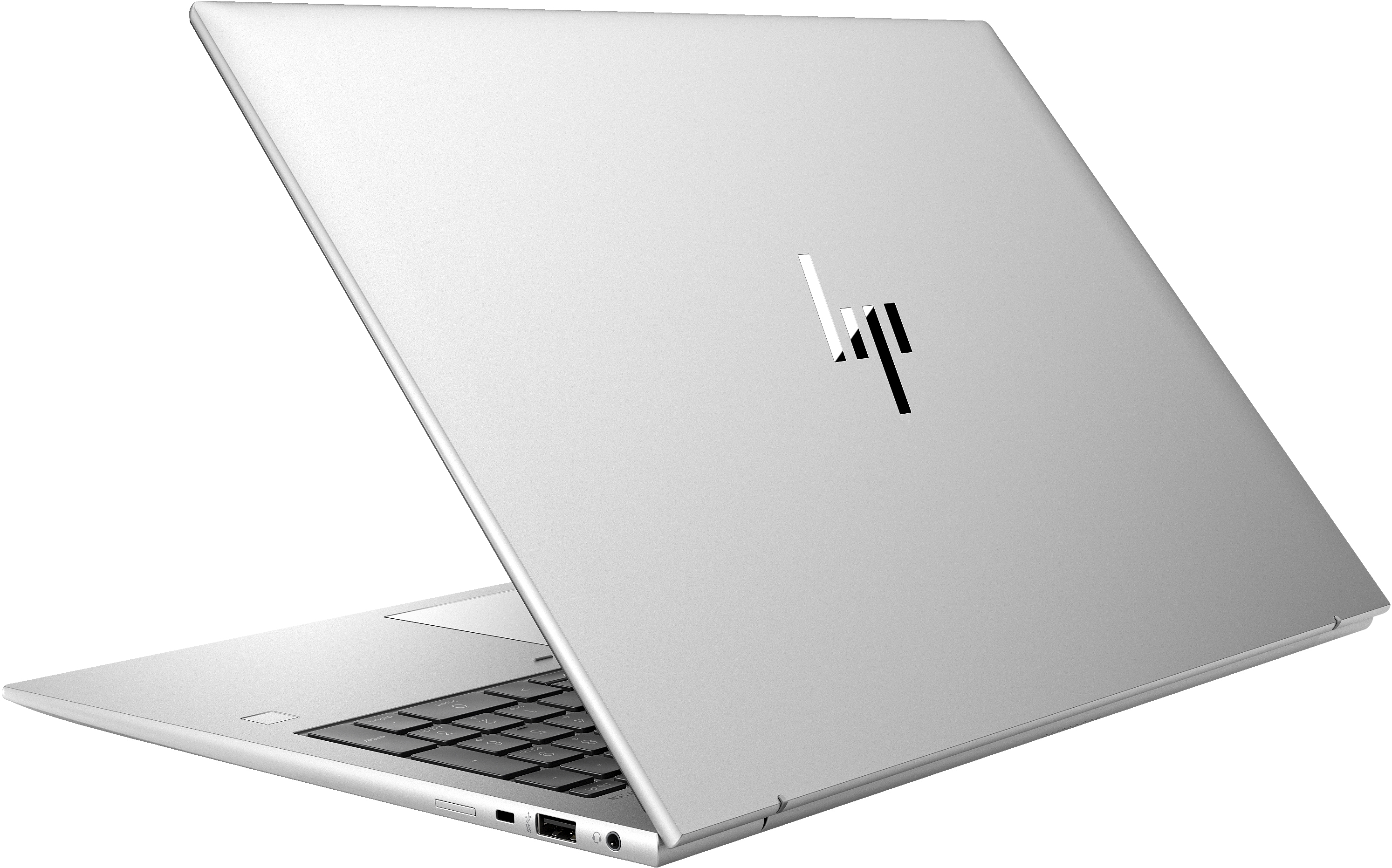 Srebrny laptop otwarty, widoczne logo HP. Laptop jest pod kątem, widać klawiaturę.