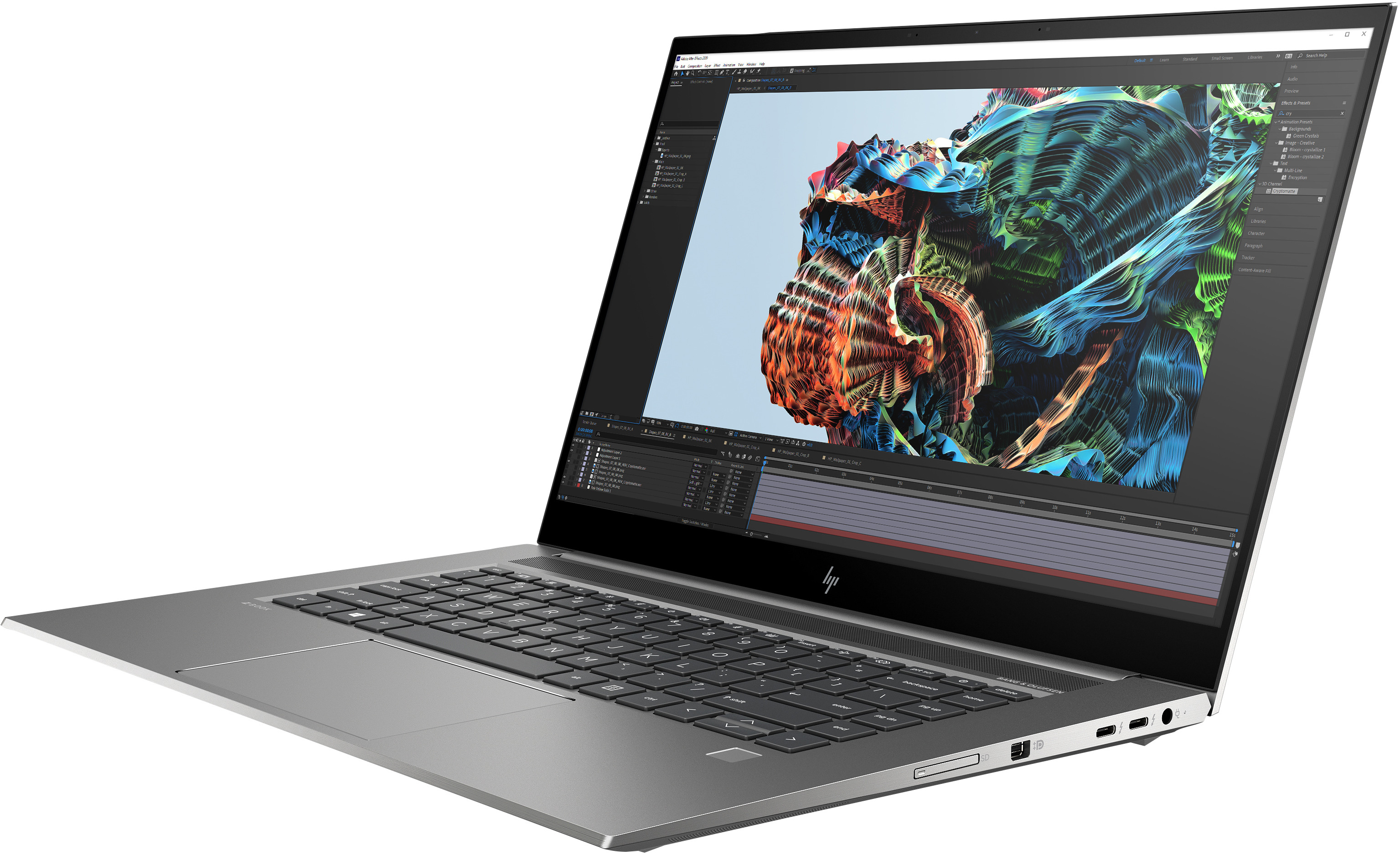 Un laptop che mostra un'animazione astratta colorata. Il laptop è aperto. Lo schermo domina.