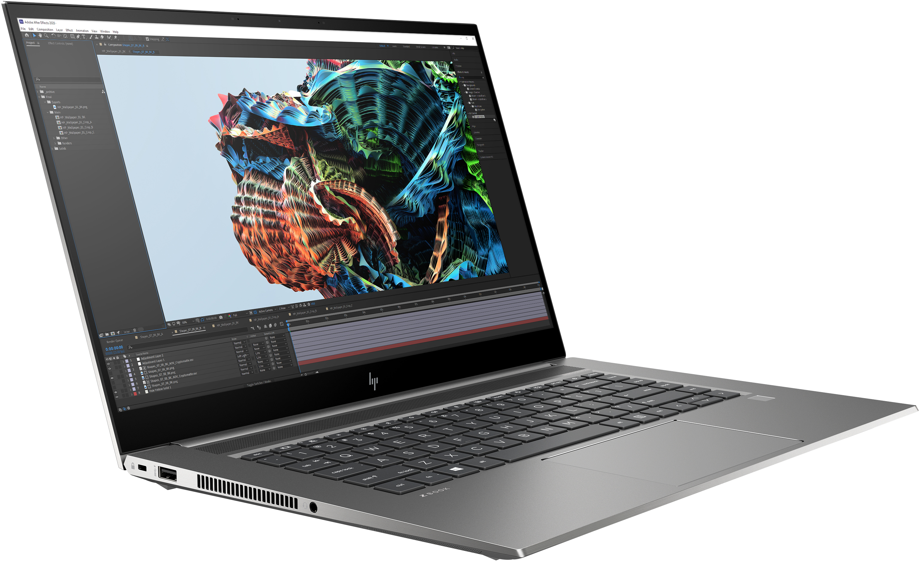 Il laptop mostra arte astratta colorata. La tastiera è visibile. Il laptop è argento e aperto.