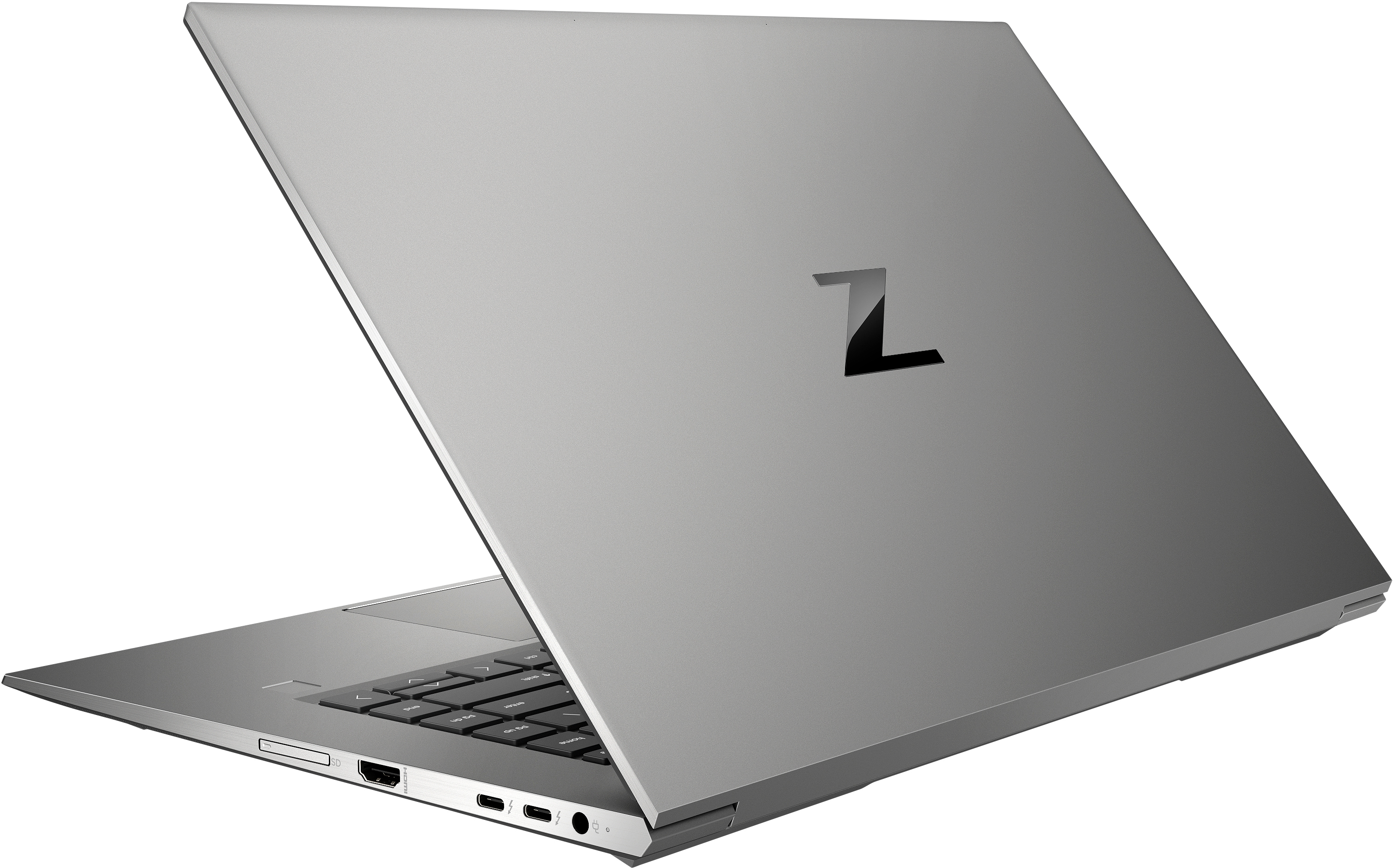 Zilveren laptop, vanuit een hoek bekeken. Achterkant van de laptop zichtbaar met een Z-logo.