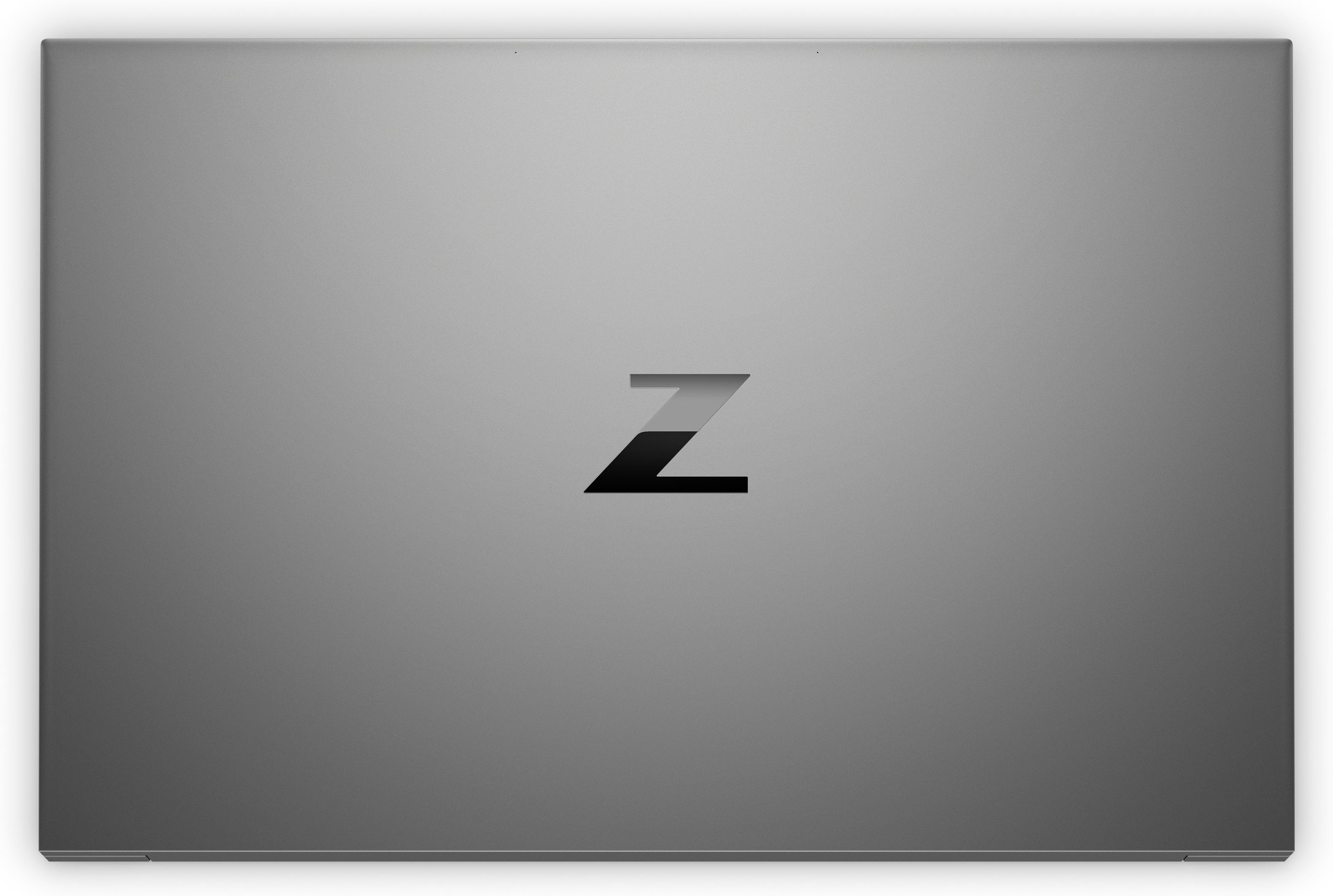 Bovenaanzicht van een grijze laptop met 'Z'-logo. Achtergrond lichtgrijs.