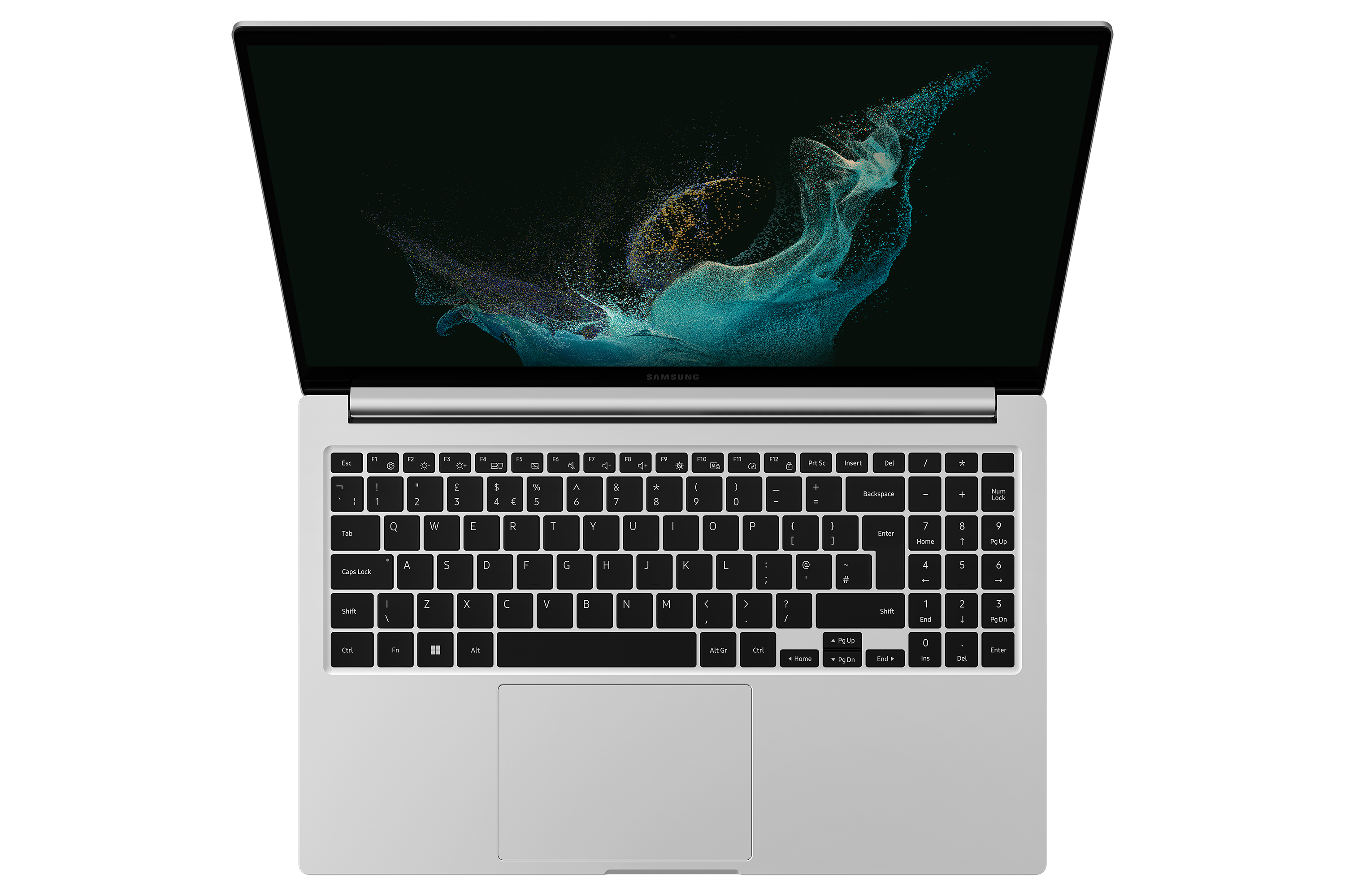 Un laptop Samsung argento, aperto. Vista dall'alto della tastiera e dello schermo che mostra un design astratto colorato.