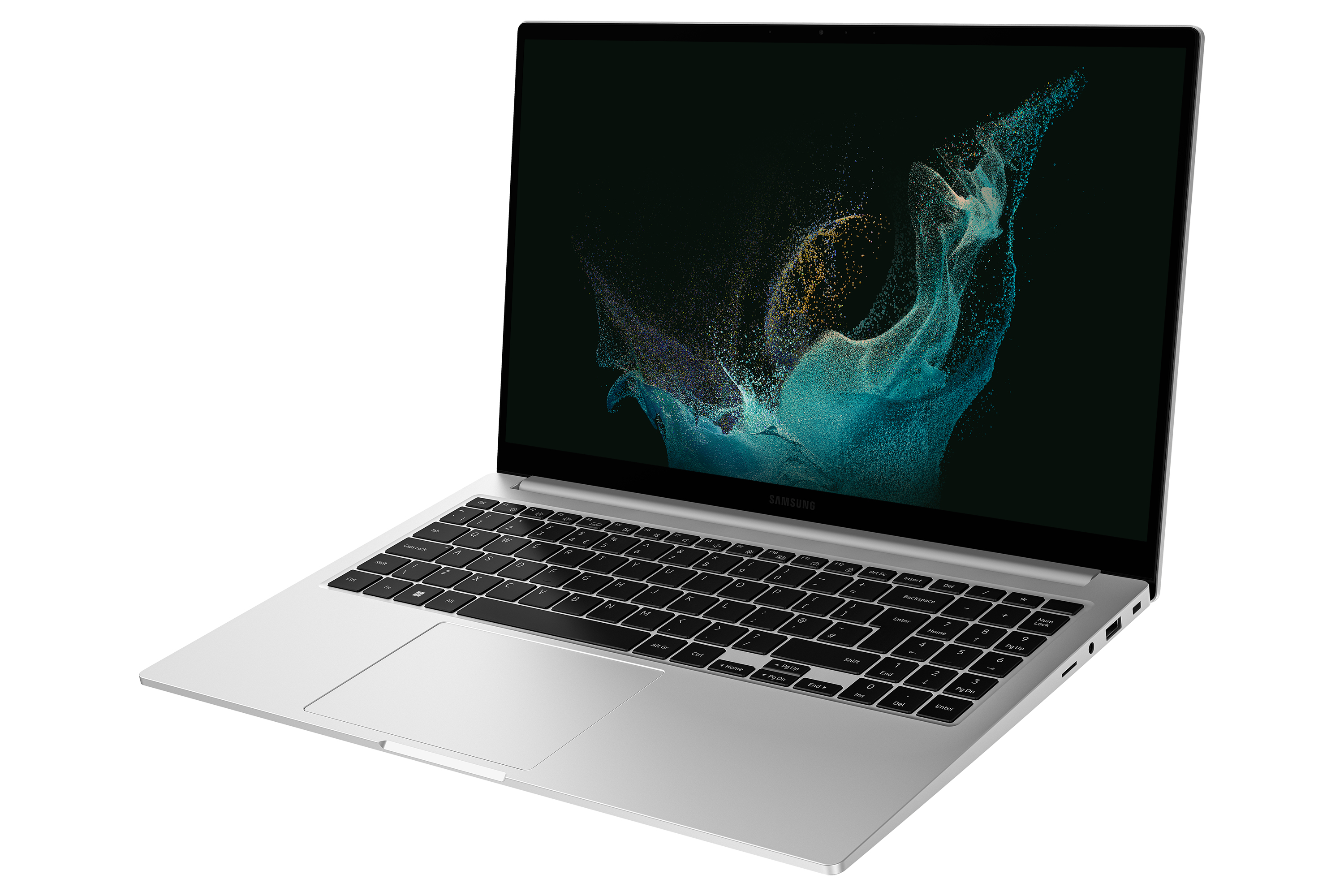 Un laptop argentato è aperto. Lo schermo mostra un design astratto a spirale. Il logo Samsung è visibile.