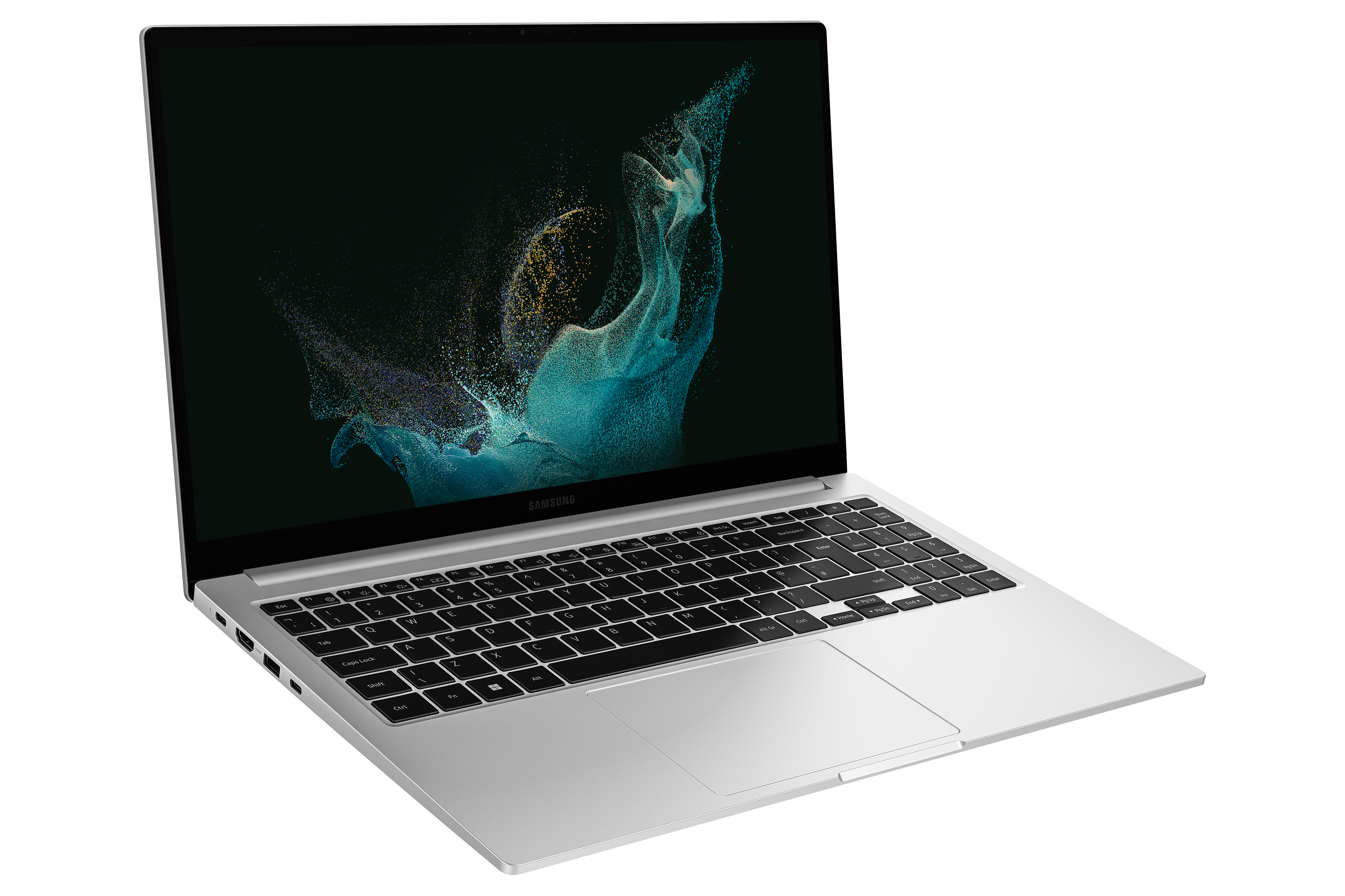 Laptop argentato con tastiera nera, schermo mostra un design astratto colorato.