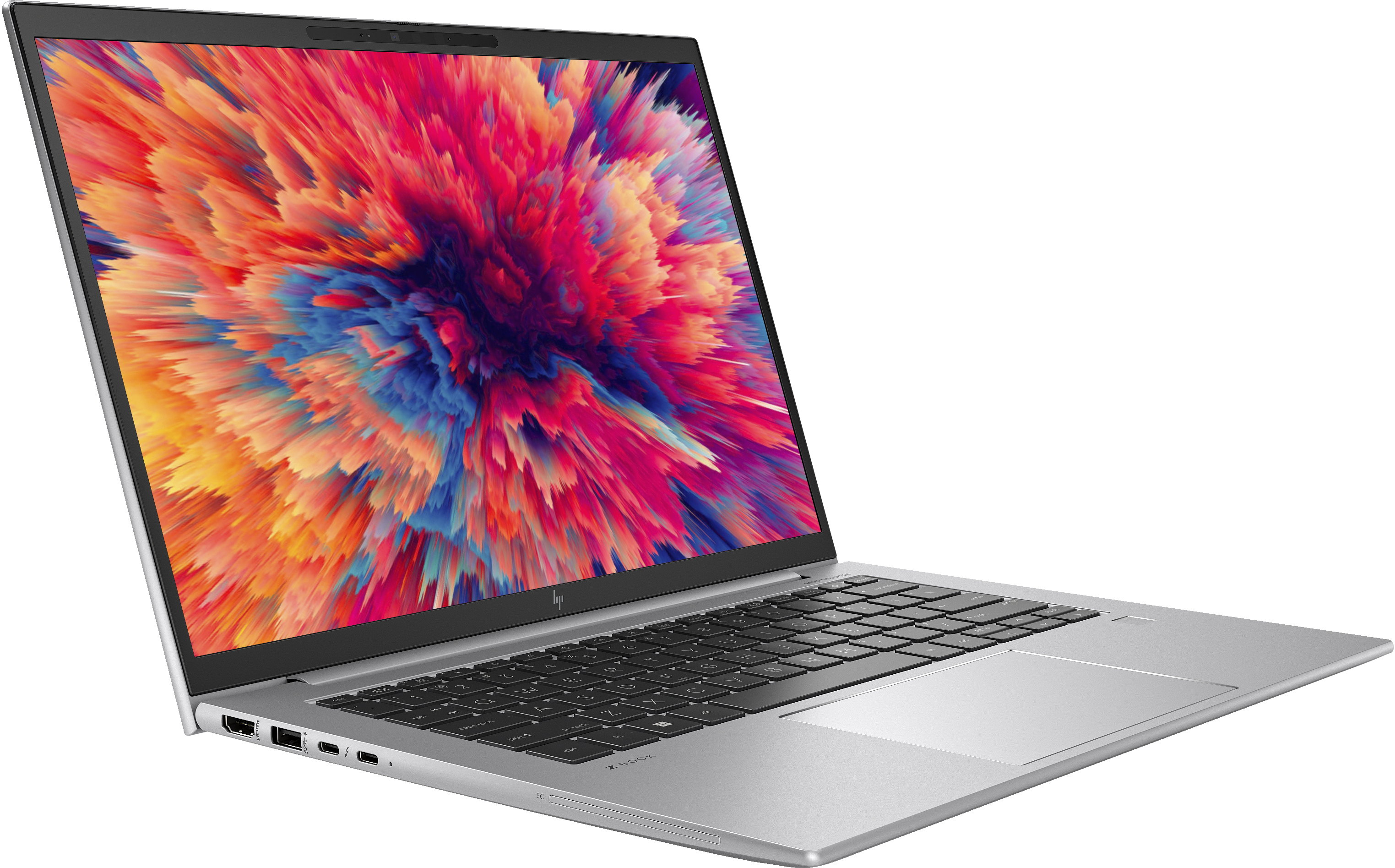Un laptop argentato con display colorato. La tastiera è visibile e il laptop è aperto.