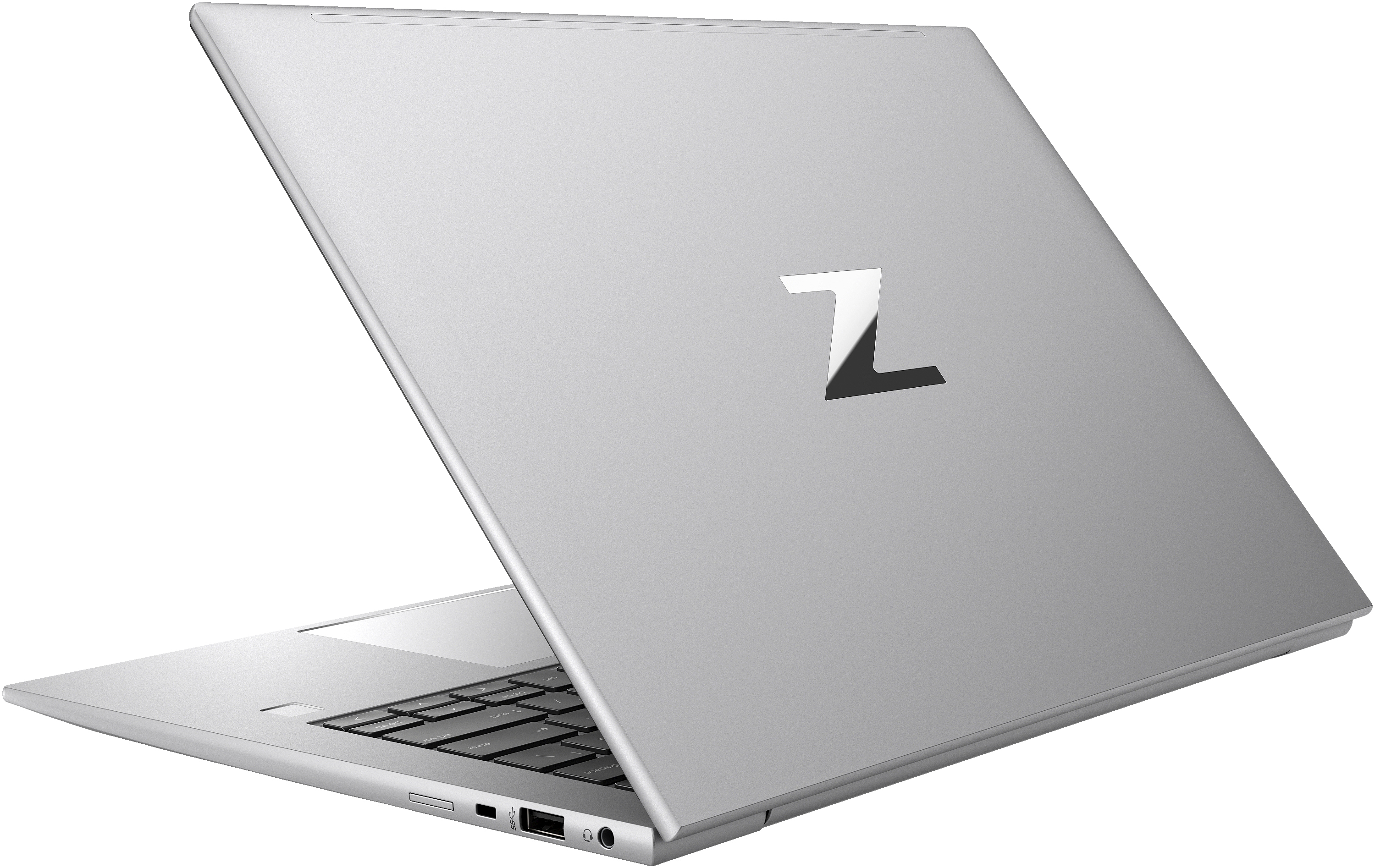 Un laptop argentato con un logo Z è mostrato dal retro, parzialmente aperto, su sfondo bianco.