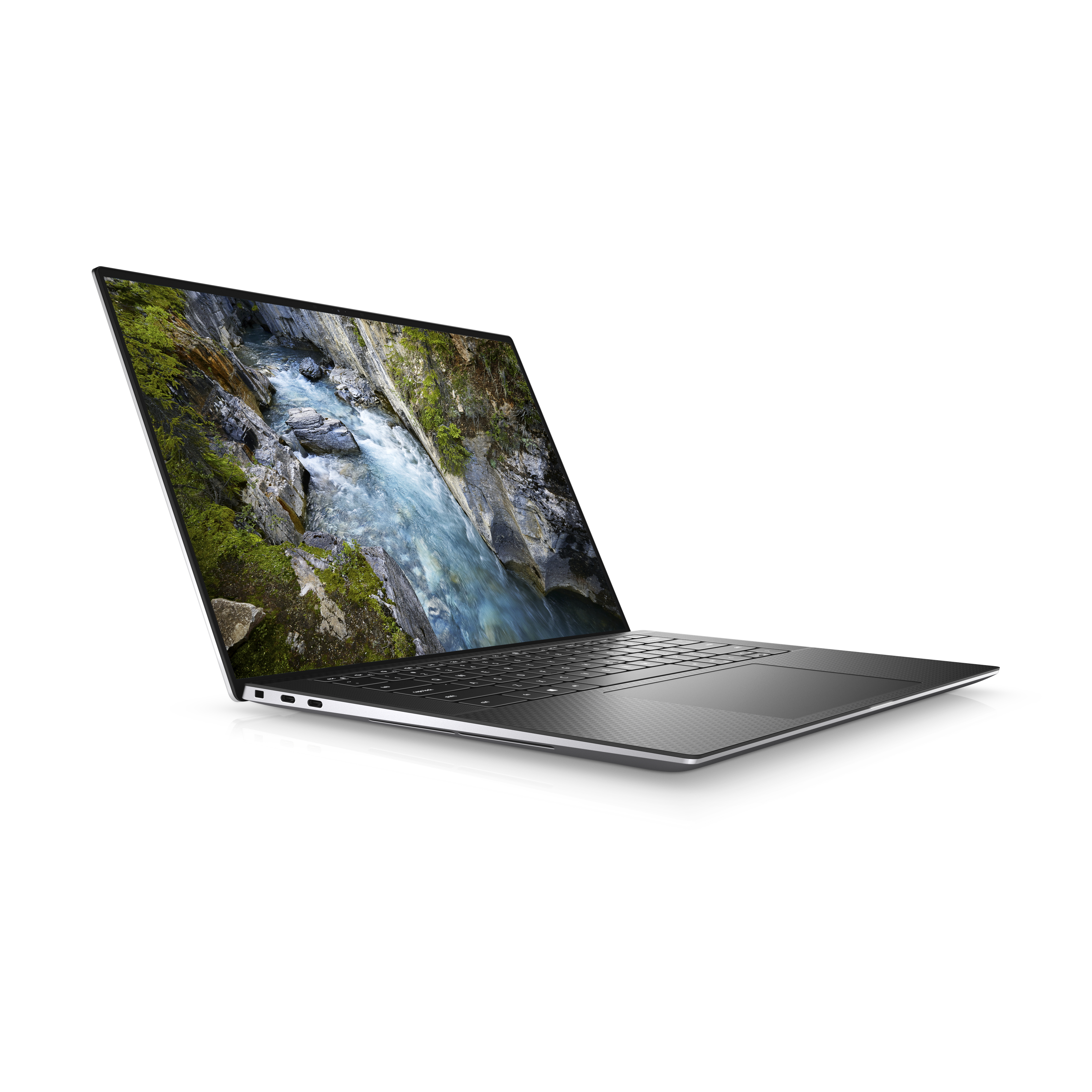 Laptop plateado que muestra una escena de río, en ángulo hacia un lado sobre un fondo blanco.