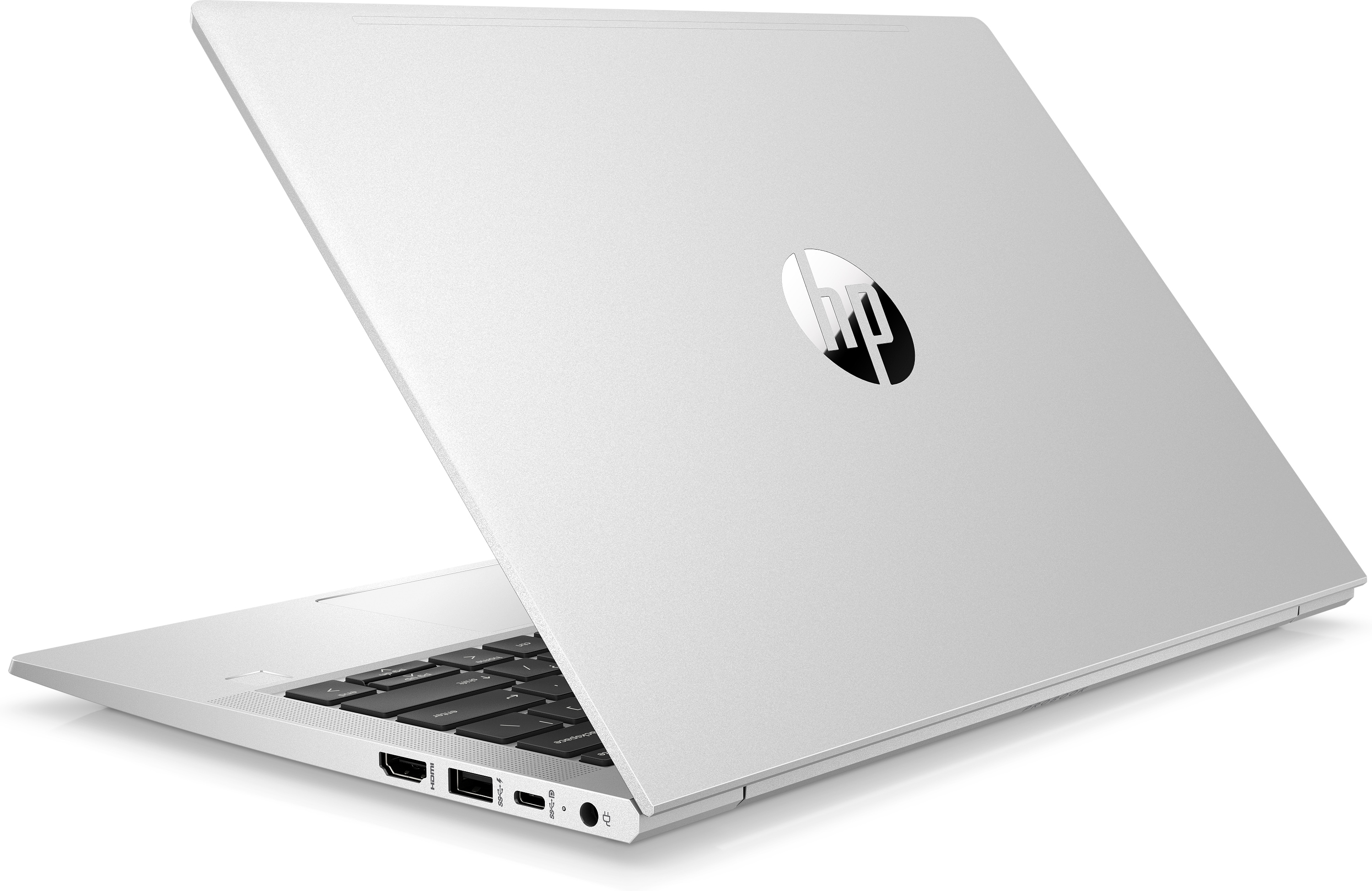 Silver laptop, partially open. HP logo on lid, keyboard visible, and ports are exposed.