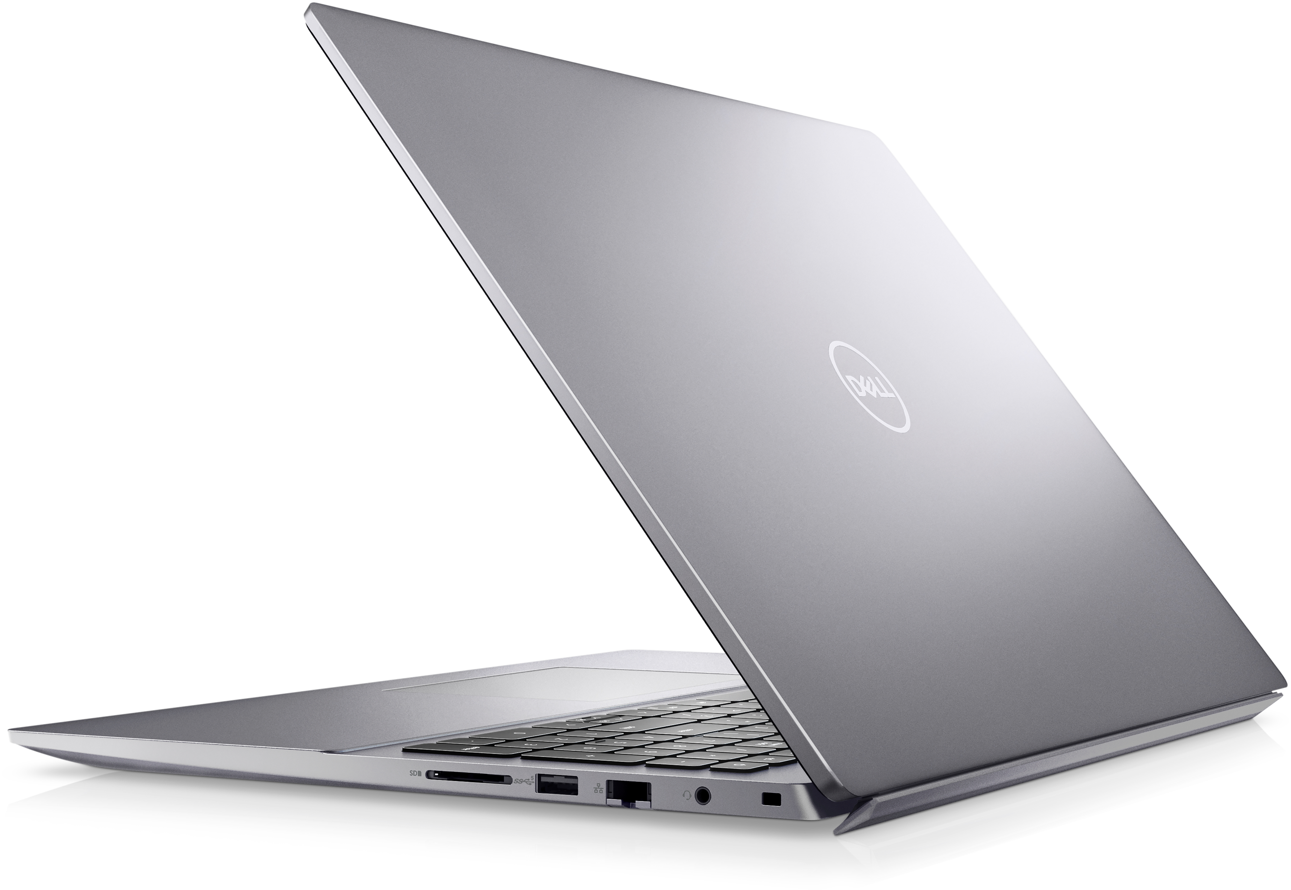 Laptop argento, aperto, mostra tastiera e porte. Il logo Dell è visibile.