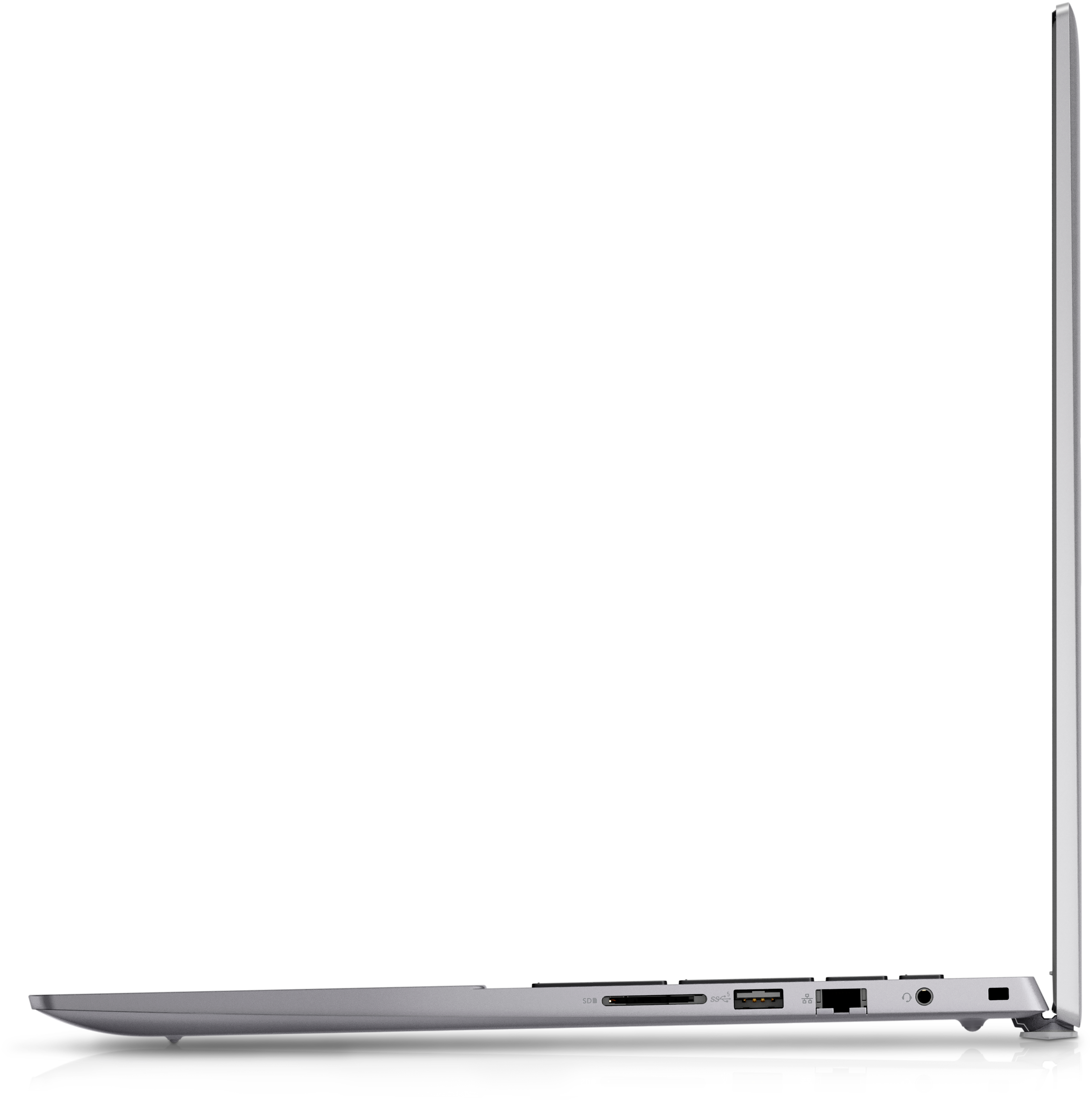 Vista laterale di un laptop argentato. Porte visibili sul lato. Sfondo bianco.